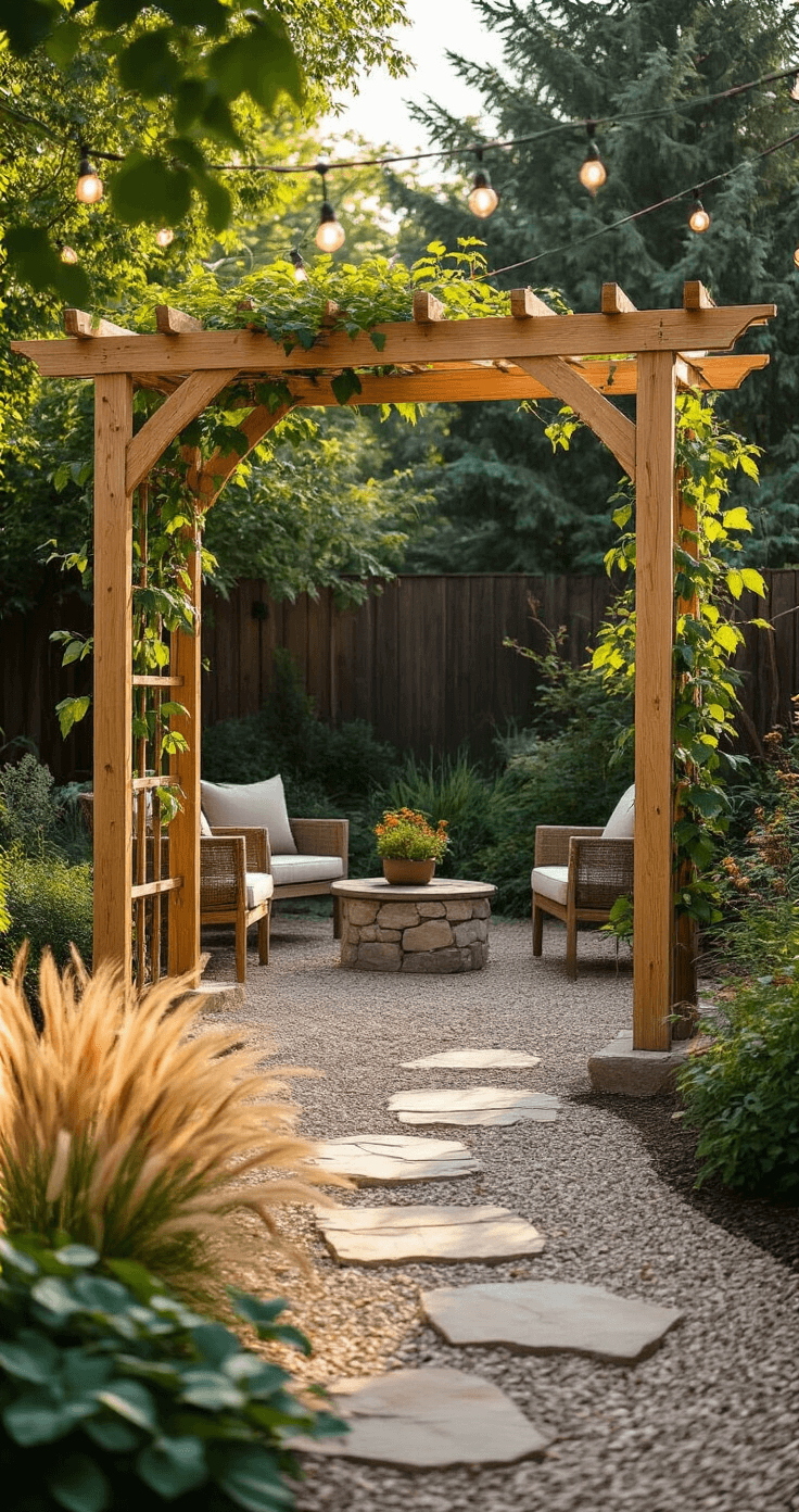 A warm afternoon scene of a rustic backyard featuring a DIY cedar arbor over a decomposed granite patio, with young clematis vines, perennial ornamental grasses, and late-season burgundy and gold blooms, surrounded by natural stone retaining walls and teak outdoor furniture, illuminated by overhead string lights.