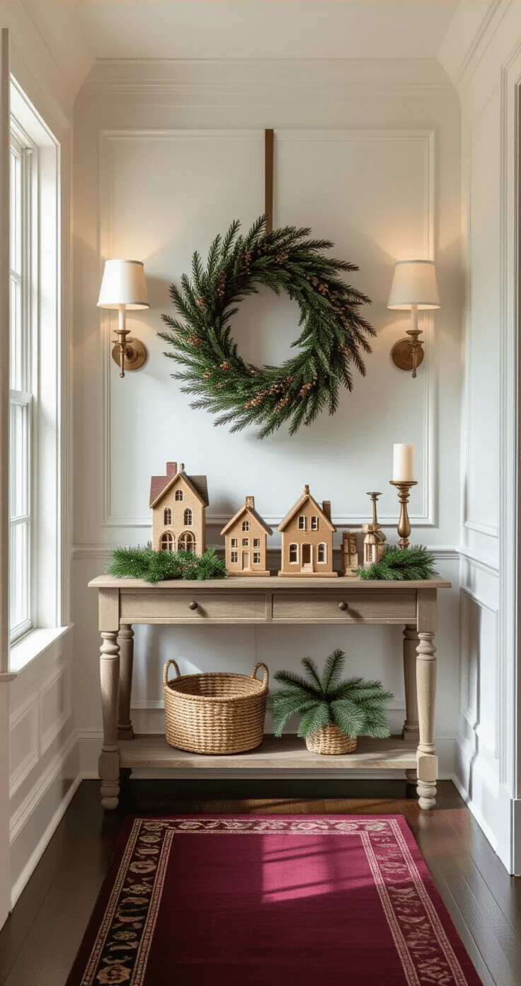 Elegant entryway vignette featuring a gingerbread welcome display on a vintage weathered oak console table, with a statement wreath, ceramic houses, fresh evergreen sprigs, and warm brass candlesticks. The narrow foyer showcases dark walnut floors, wainscoting, and crown molding painted in White Dove, illuminated by afternoon light and wall sconces, anchored by a rich burgundy runner.