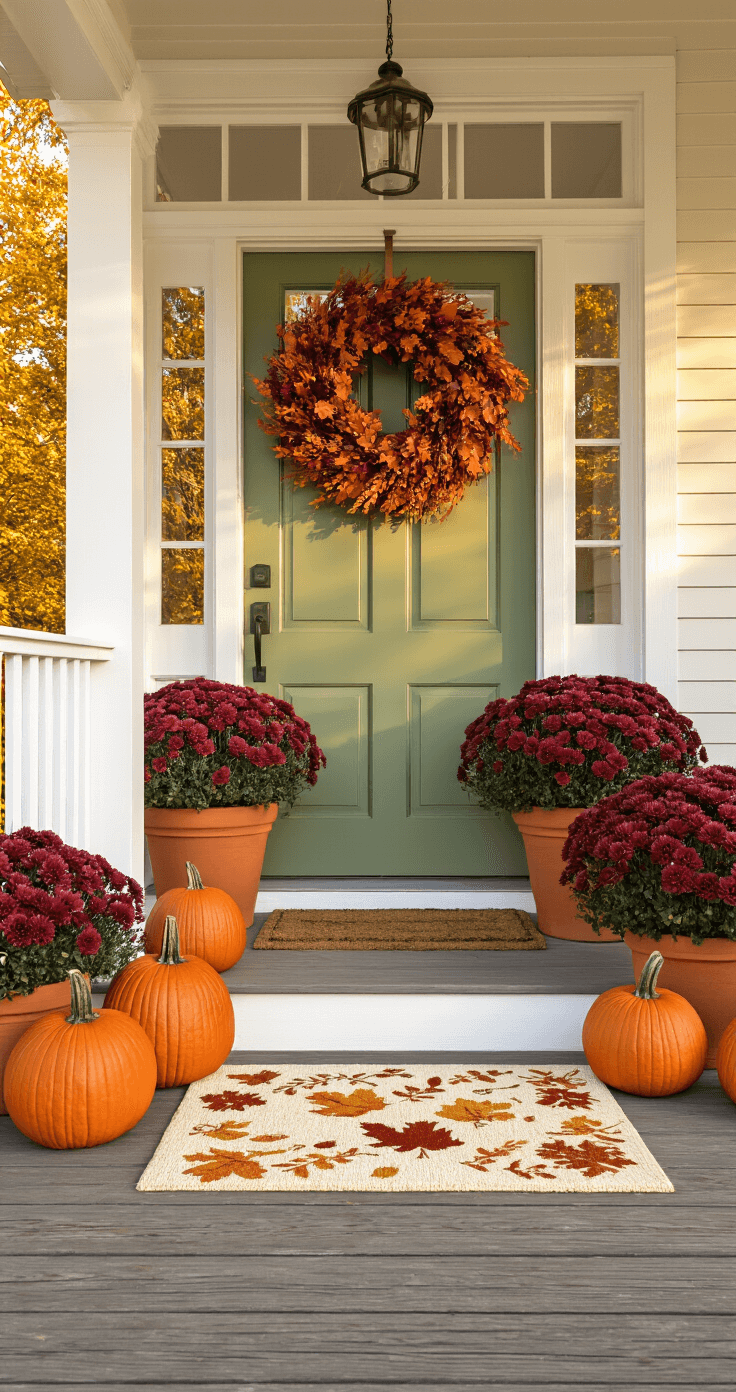 Transform Your Front Porch Into a Fall Paradise: My Journey From Boring to Instagram-Worthy A welcoming front porch in golden hour light features a sage green door adorned with a burgundy and orange wreath, surrounded by large orange pumpkins and terracotta pots overflowing with deep burgundy mums. A cream seasonal doormat with autumn motifs rests on weathered wood planking, while warm amber sunlight casts gentle shadows across the white railings and columns.