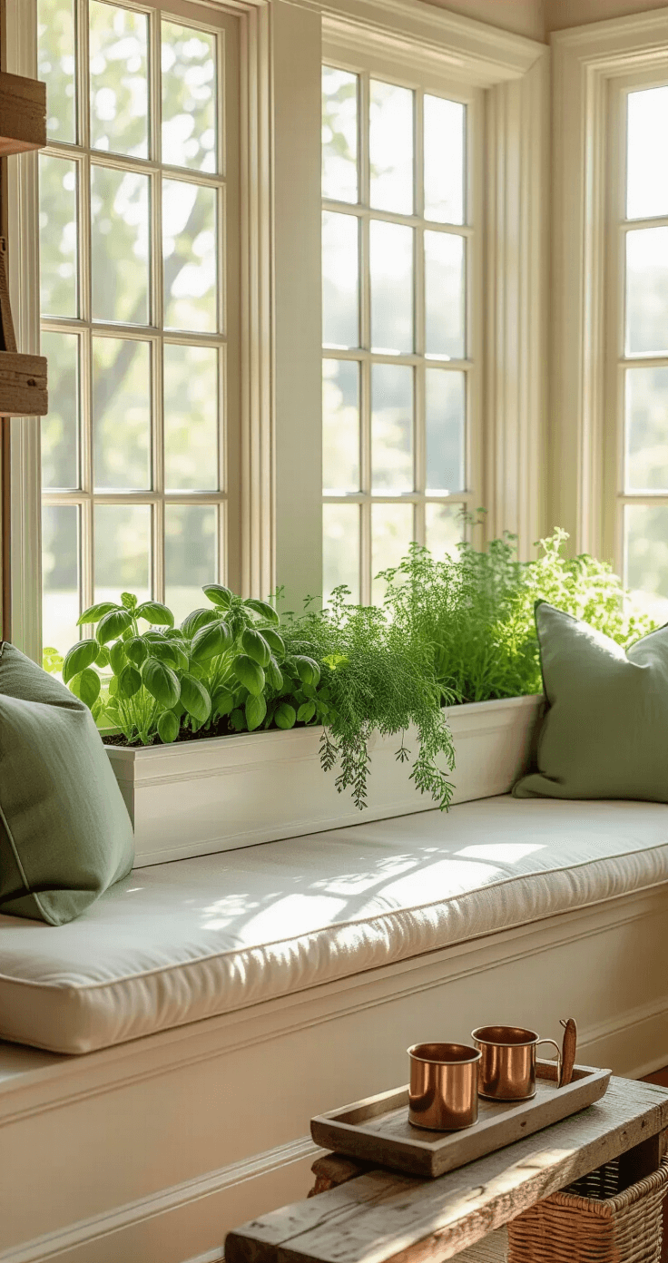 Cozy living room with a built-in window seat filled with basil, parsley, and rosemary, surrounded by natural light illuminating cream walls and honey oak flooring, featuring sage green cushions and rustic herb tools.