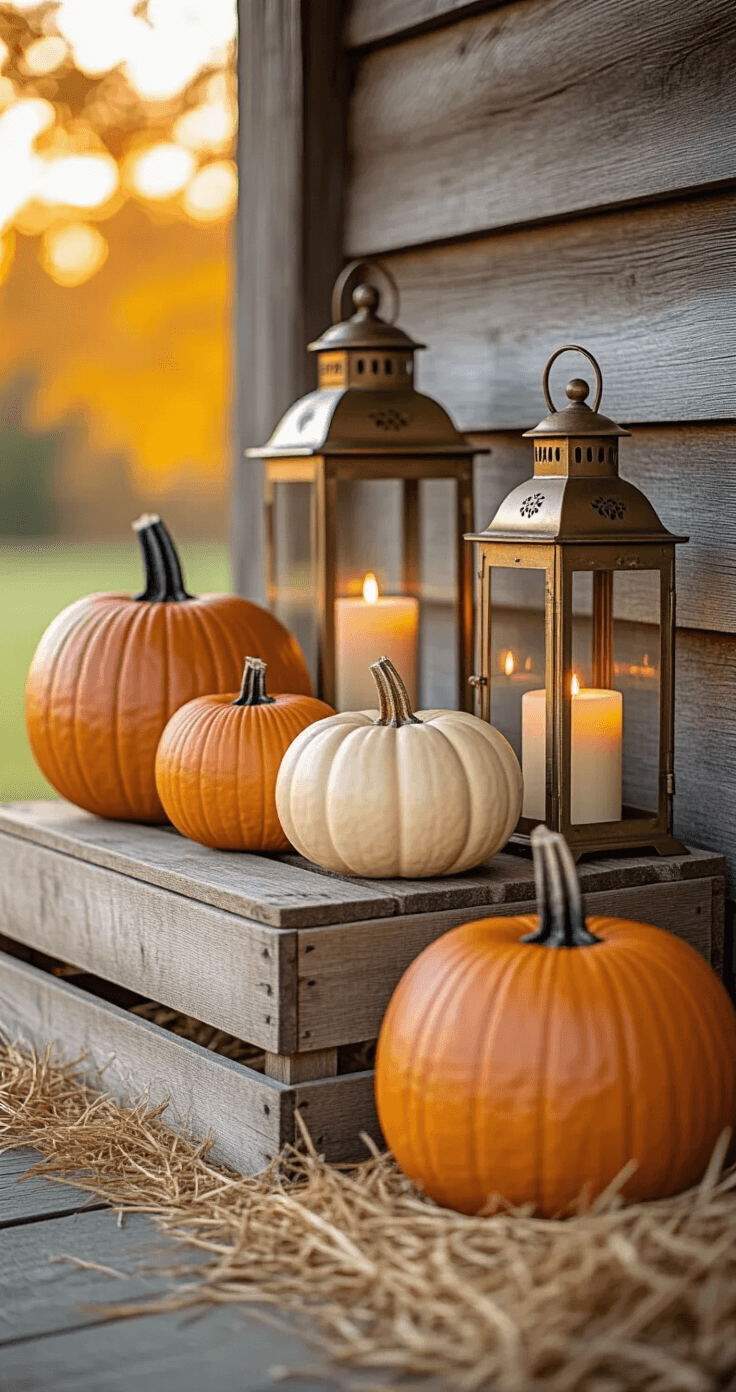 Transform Your Front Porch Into a Fall Paradise: My Journey From Boring to Instagram-Worthy A close-up vignette of three carved pumpkins in graduated sizes, arranged asymmetrically on a rustic wooden crate with three varied-height vintage brass lanterns. The scene features a deep orange, cream, and burgundy color palette, with scattered hay and a weathered barn wood backdrop. The camera angle captures intricate pumpkin stem details and the warm glow from battery-operated candles within the lanterns, illuminated by late afternoon light.
