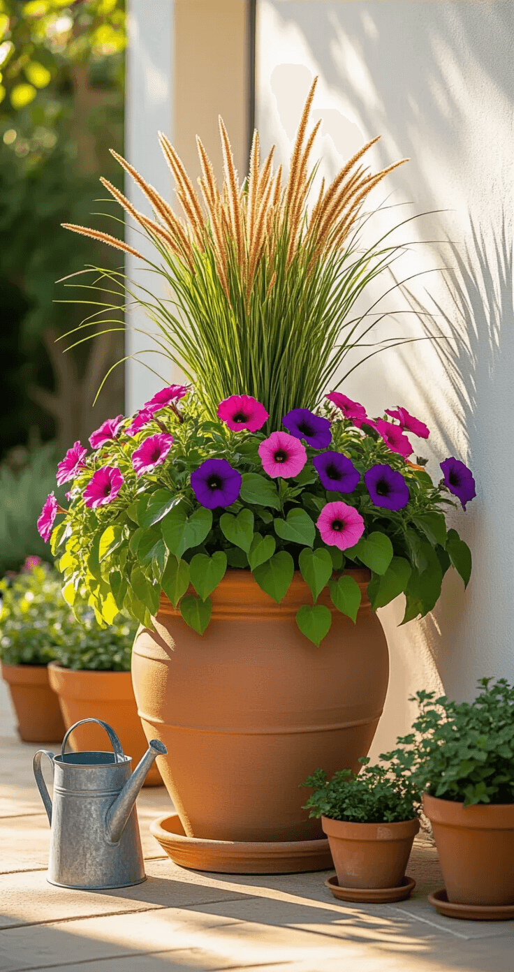 Spacious sun-drenched patio corner at golden hour featuring a large terracotta pot arrangement with tall ornamental fountain grass, vibrant petunias in purple and pink, and spilling sweet potato vine, set on warm sandstone pavers against white stucco walls, with dappled sunlight creating dynamic shadows and additional decorative elements.