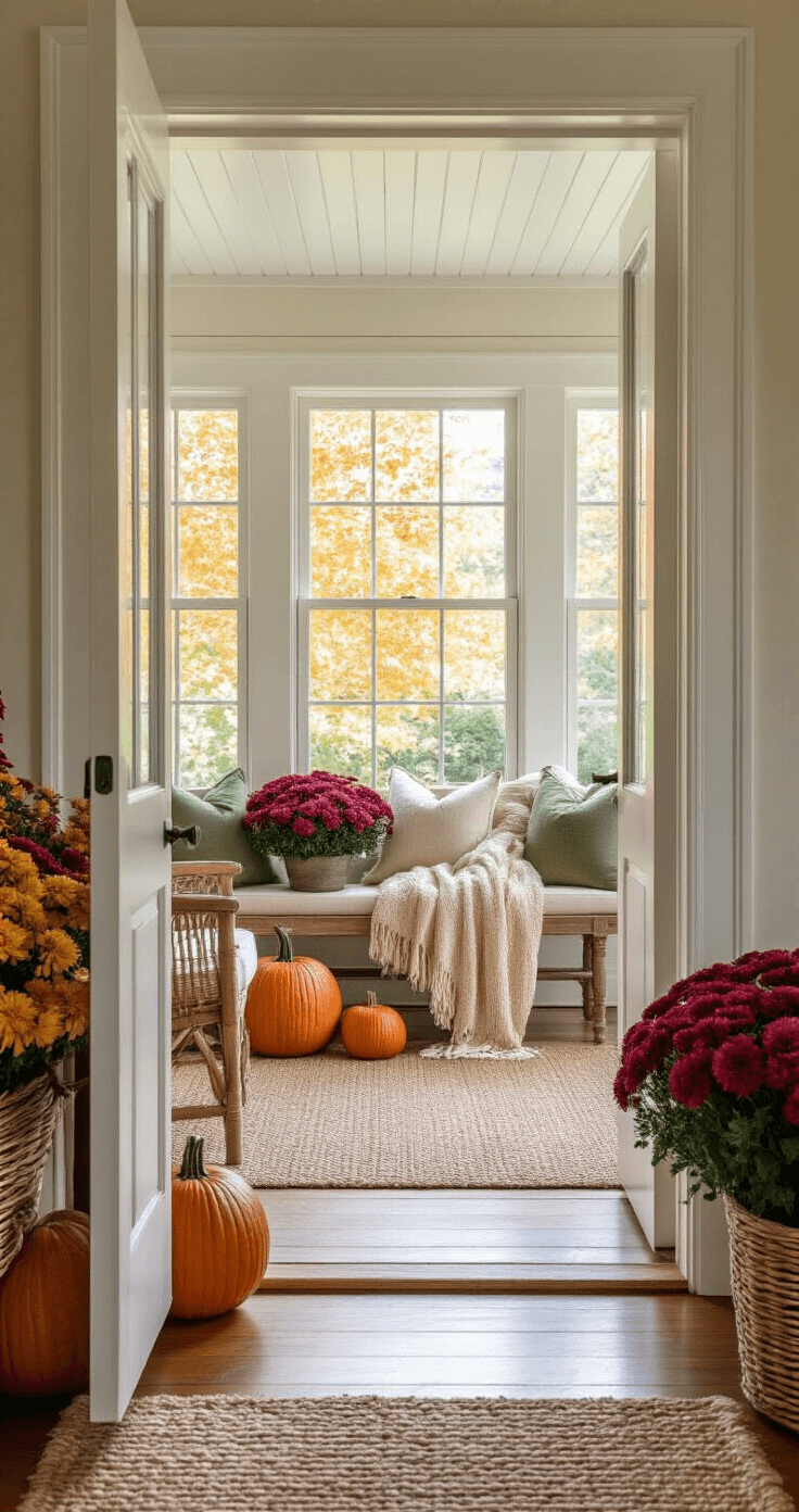 Transform Your Front Porch Into a Fall Paradise: My Journey From Boring to Instagram-Worthy Interior view through an open front door showcasing a beautifully styled fall-themed porch with warm orange pumpkins, deep burgundy mums, cream-colored throws, and sage green accents, all illuminated by natural light, creating a cohesive autumn palette with vintage wooden furniture.