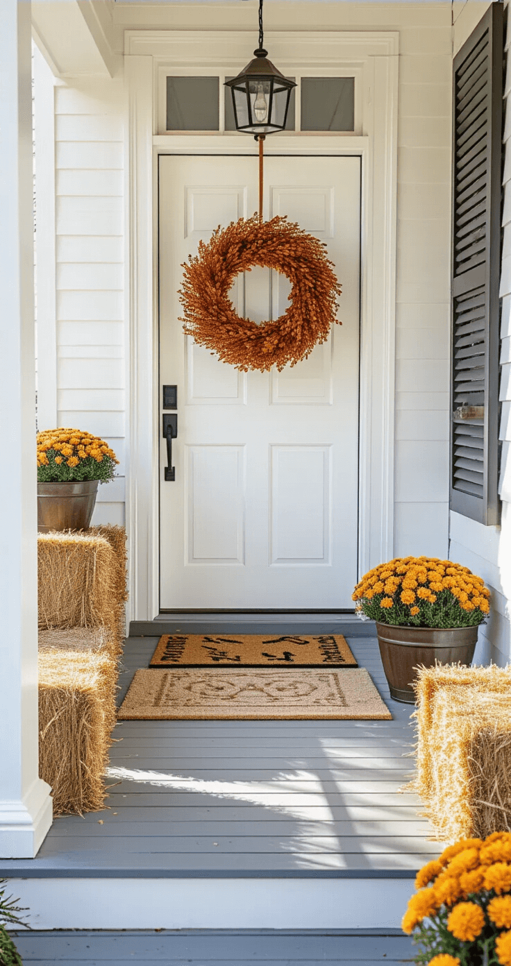 Transform Your Front Porch Into a Fall Paradise: My Journey From Boring to Instagram-Worthy Detailed image of a foundation work phase for autumn decor, featuring a centered fall wreath on a clean door, an autumn-themed doormat on a swept porch, and large hay bales and planters establishing the framework, with white porch columns and railings providing structure, all captured in bright morning light.