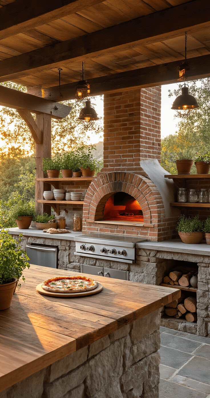 Outdoor Kitchens with Pizza Ovens: Your Ultimate Guide to Culinary Paradise Photorealistic outdoor kitchen with a rustic brick pizza oven on a stone-clad island, weathered wood countertops, and warm golden hour lighting, featuring copper accessories, potted herbs, and a charred margherita pizza on a wooden peel, all under vintage mason jar string lights.