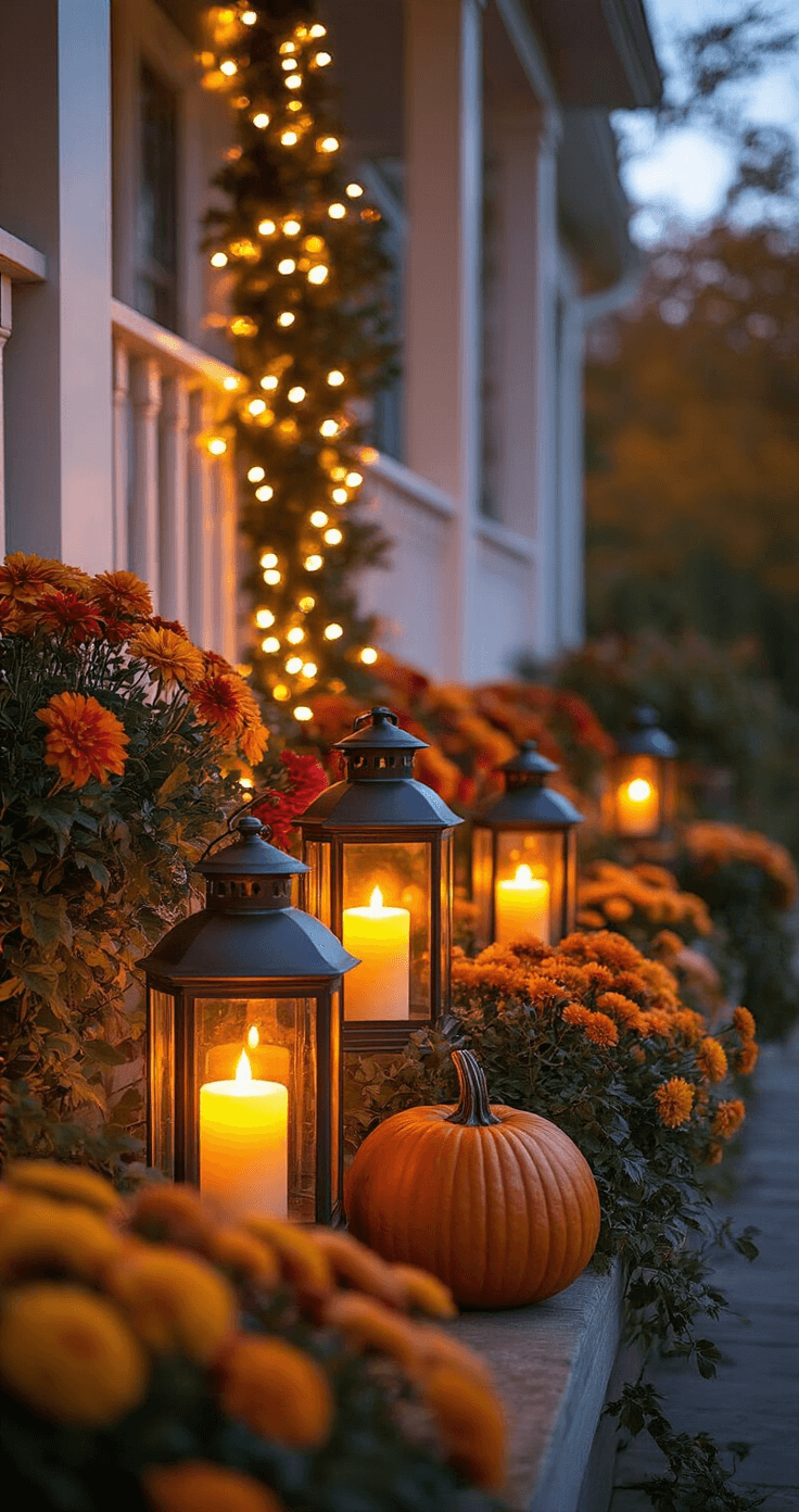 Transform Your Front Porch Into a Fall Paradise: My Journey From Boring to Instagram-Worthy An inviting evening scene featuring a three-layer lighting system in twilight, showcasing softly glowing battery-operated lanterns with warm LED candles among autumn decorations, warm white string lights draped along porch railings, and subtle uplighting enhancing architectural features, creating a cozy, magazine-worthy display of pumpkins and mums.