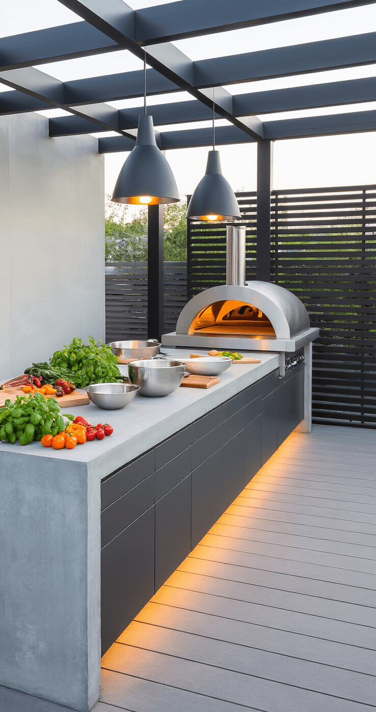 Outdoor Kitchens with Pizza Ovens: Your Ultimate Guide to Culinary Paradise Contemporary outdoor cooking space featuring a sleek stainless steel pizza oven in a minimalist concrete island, illuminated by late afternoon light, with a clean-lined deck, horizontal slat privacy screens, polished granite surfaces, and modern pendant lights from a geometric pergola, all in a monochromatic palette of grays and whites, complemented by high-end accessories and fresh basil and vegetables arranged decoratively.