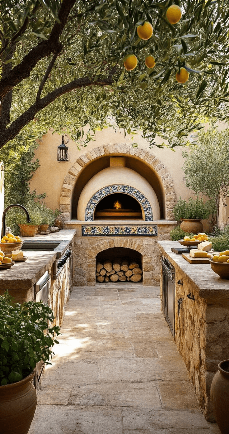 Outdoor Kitchens with Pizza Ovens: Your Ultimate Guide to Culinary Paradise Mediterranean outdoor kitchen with a domed stone pizza oven, mosaic tiles, olive trees, and rustic decor in a sunlit courtyard.
