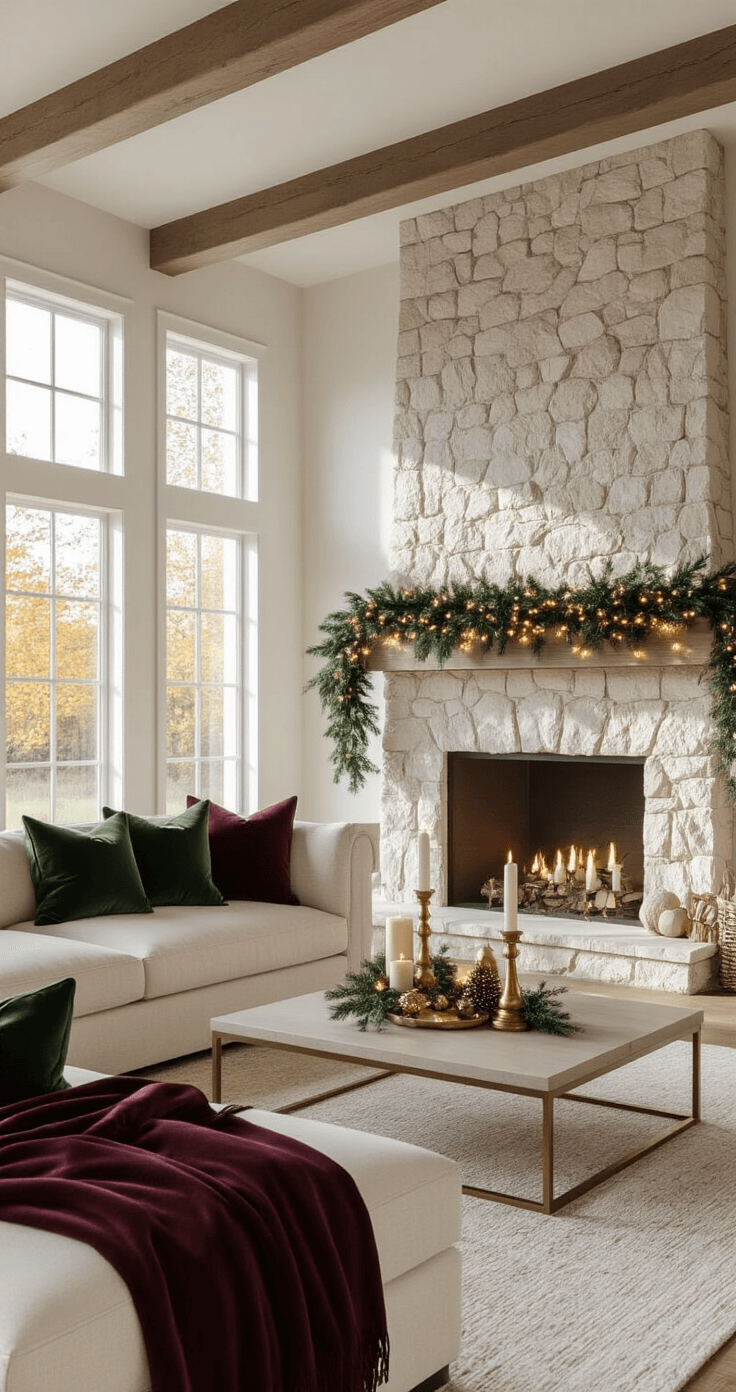 Photorealistic living room with high ceilings, exposed oak beams, and large windows during golden hour, featuring a stone fireplace adorned with garland and string lights, a cream linen sectional sofa with green and burgundy accents, and a coffee table with gold candlesticks and ornaments, creating a warm holiday atmosphere.