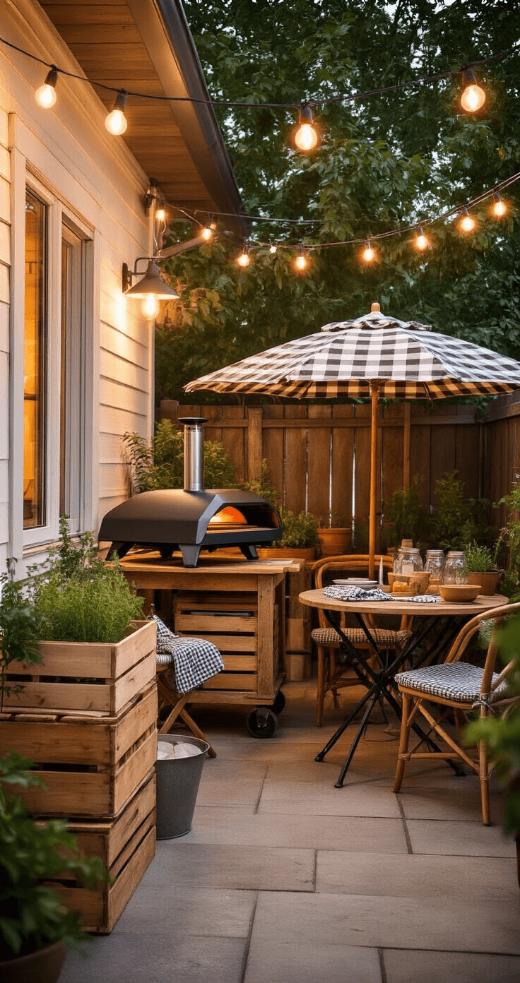 Outdoor Kitchens with Pizza Ovens: Your Ultimate Guide to Culinary Paradise Cozy budget-friendly outdoor pizza setup featuring a portable Ooni oven on a wooden cart, string lights, a bistro dining set, DIY wooden crates, mason jar herb gardens, and a vintage market umbrella, all within a charming patio space in warm honey, white, and green tones.