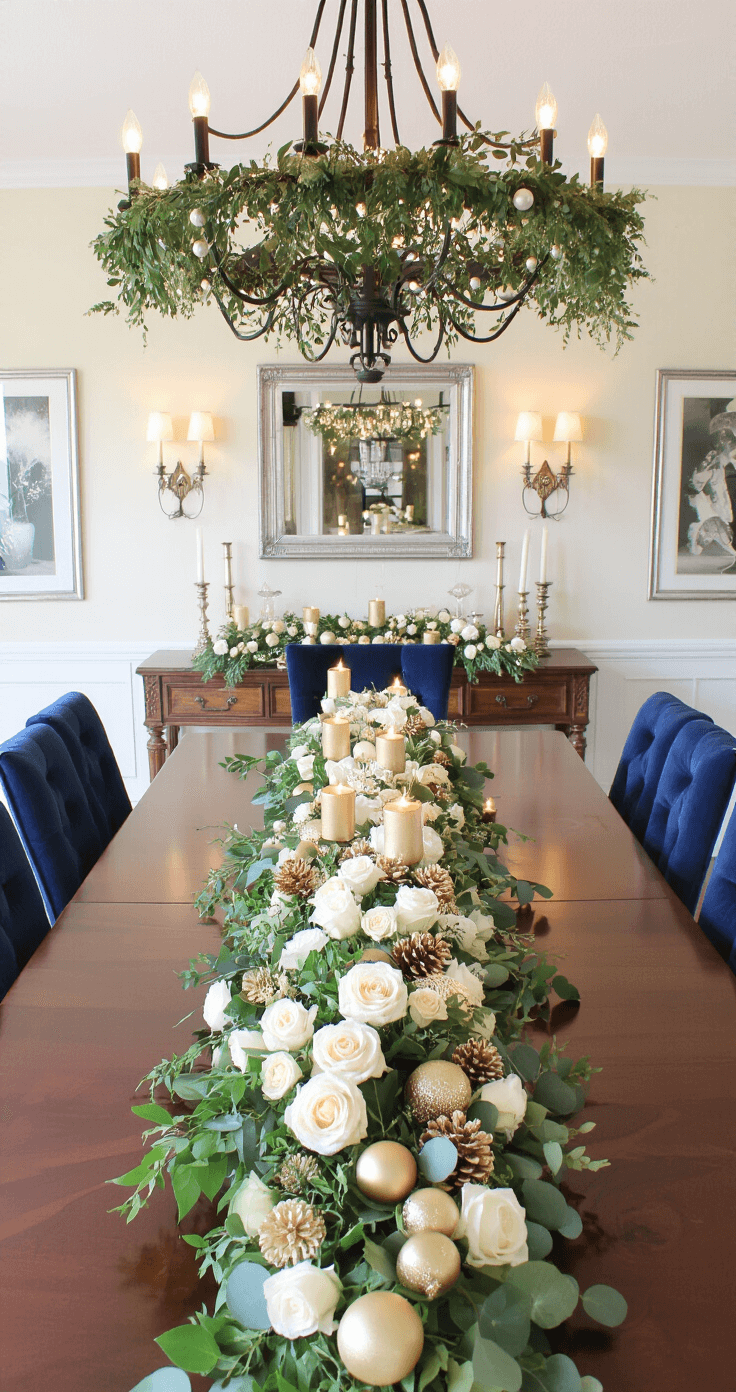 Elegant dining room with mahogany table featuring garland runner and floral arrangements, illuminated by chandelier and candles, set for intimate holiday gathering.