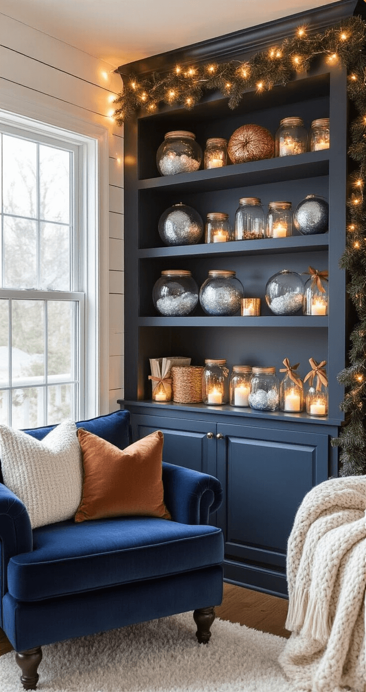 Cozy family room corner at twilight, featuring warm lighting from string lights and candles, decorated shelves with blue and silver ornaments, snow globes, and cinnamon sticks, a cream throw on a navy velvet armchair, and pine garland framing a window, creating an intimate holiday atmosphere.