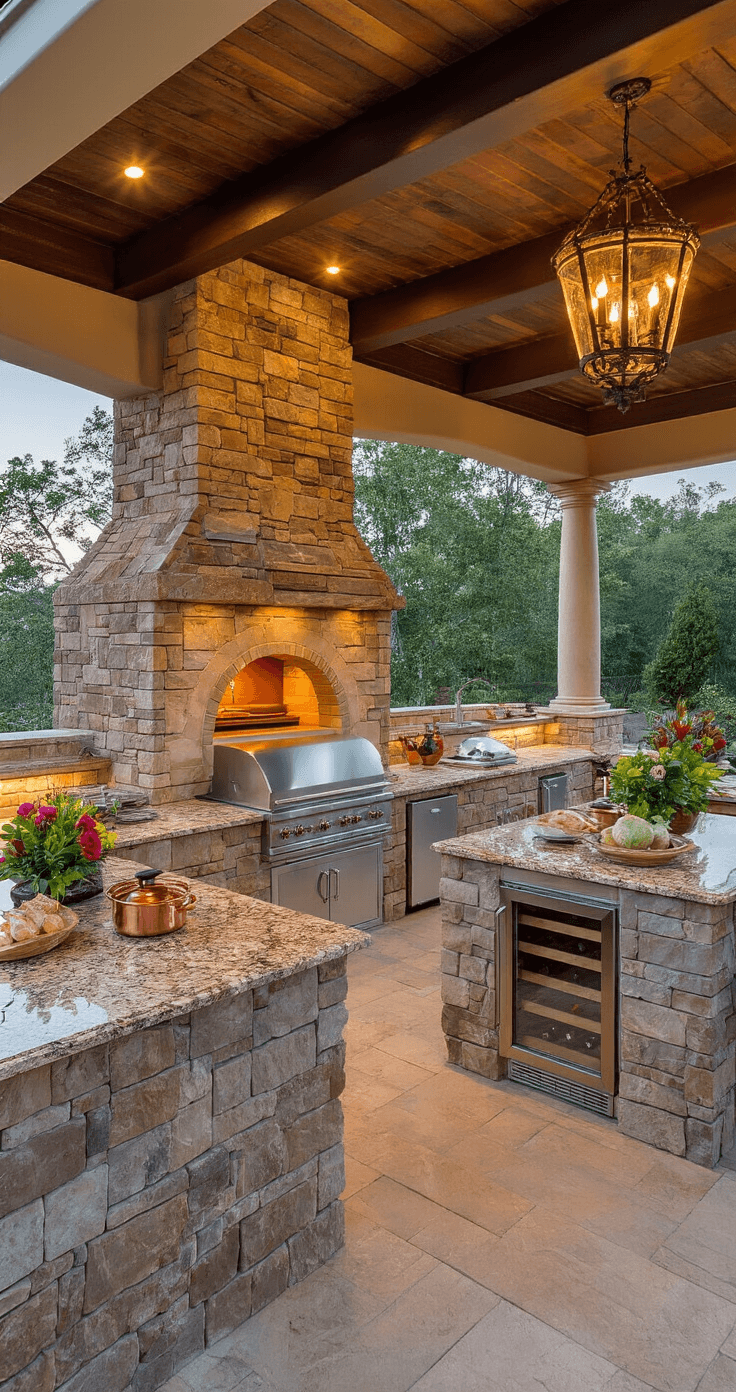 Outdoor Kitchens with Pizza Ovens: Your Ultimate Guide to Culinary Paradise A luxurious outdoor kitchen with a massive stone pizza oven under a covered pavilion, featuring granite surfaces, stainless steel appliances, bar seating, and elegant decor illuminated by golden hour lighting.