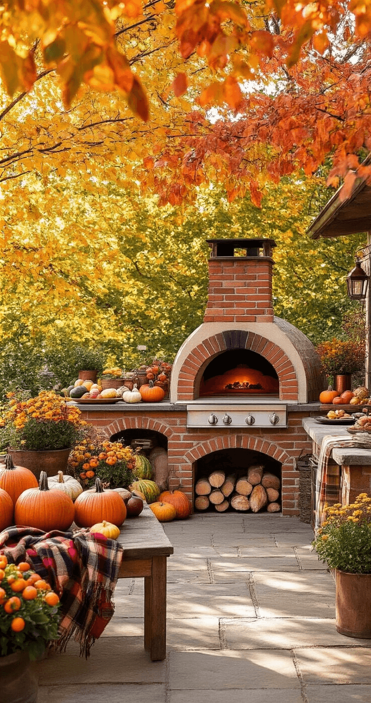 Outdoor Kitchens with Pizza Ovens: Your Ultimate Guide to Culinary Paradise A cozy autumn outdoor pizza kitchen featuring a traditional brick oven, surrounded by colorful fall decor, rustic wooden surfaces with pumpkins and gourds, and warm light filtering through foliage on a stone patio.