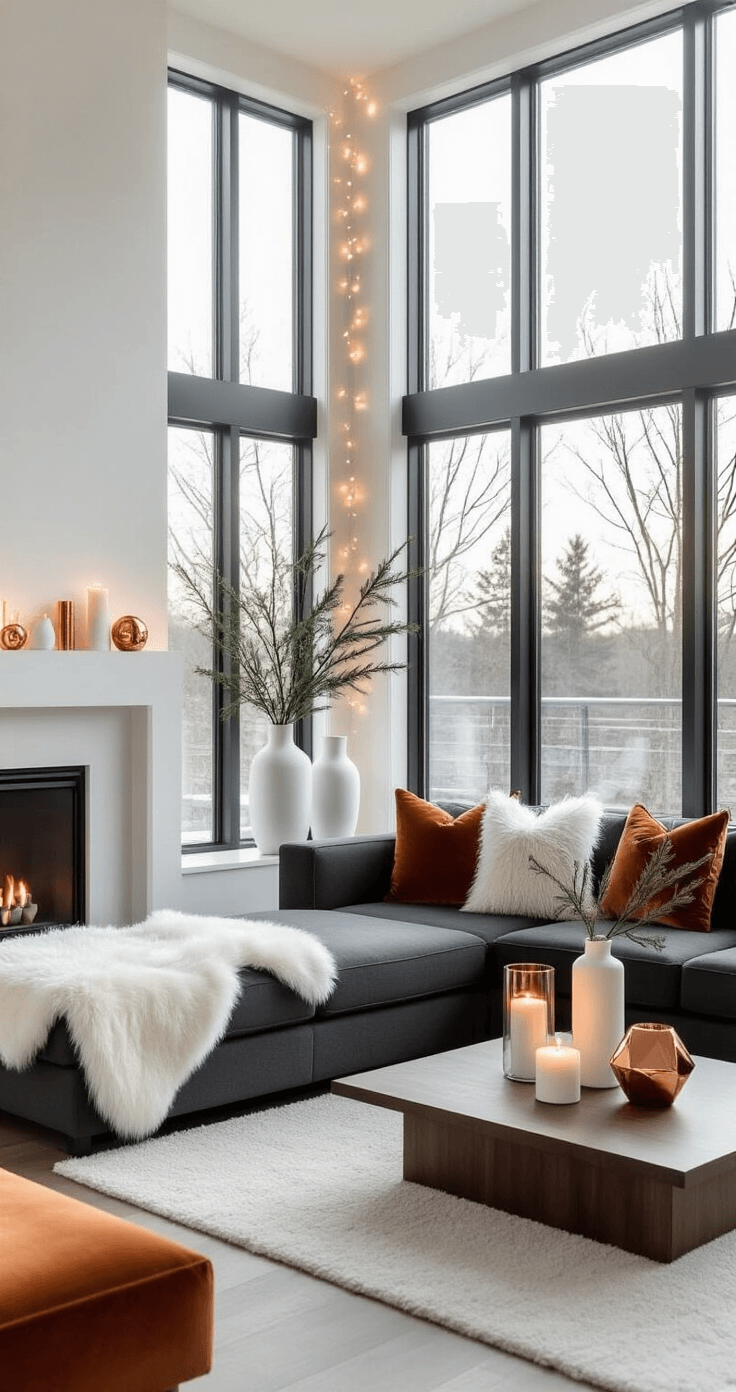 A modern minimalist living space with floor-to-ceiling windows, featuring clean architectural lines, string lights, a sleek white mantel with ceramic vases and candles, a charcoal sectional with faux fur throws and copper pillows, and a low walnut coffee table with a single branch arrangement, captured in warm afternoon light.