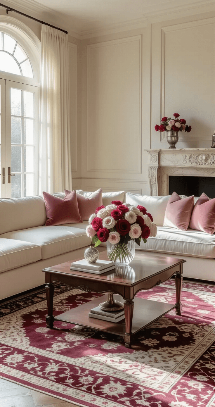Photorealistic image of a spacious living room with French doors, cream sectional sofa with blush pink pillows, and a mahogany coffee table holding a crystal vase of roses. Soft morning light filters through sheer curtains, illuminating the muted burgundy Persian rug and textured ivory walls, while a marble fireplace mantel showcases smaller rose buds in glass votives.