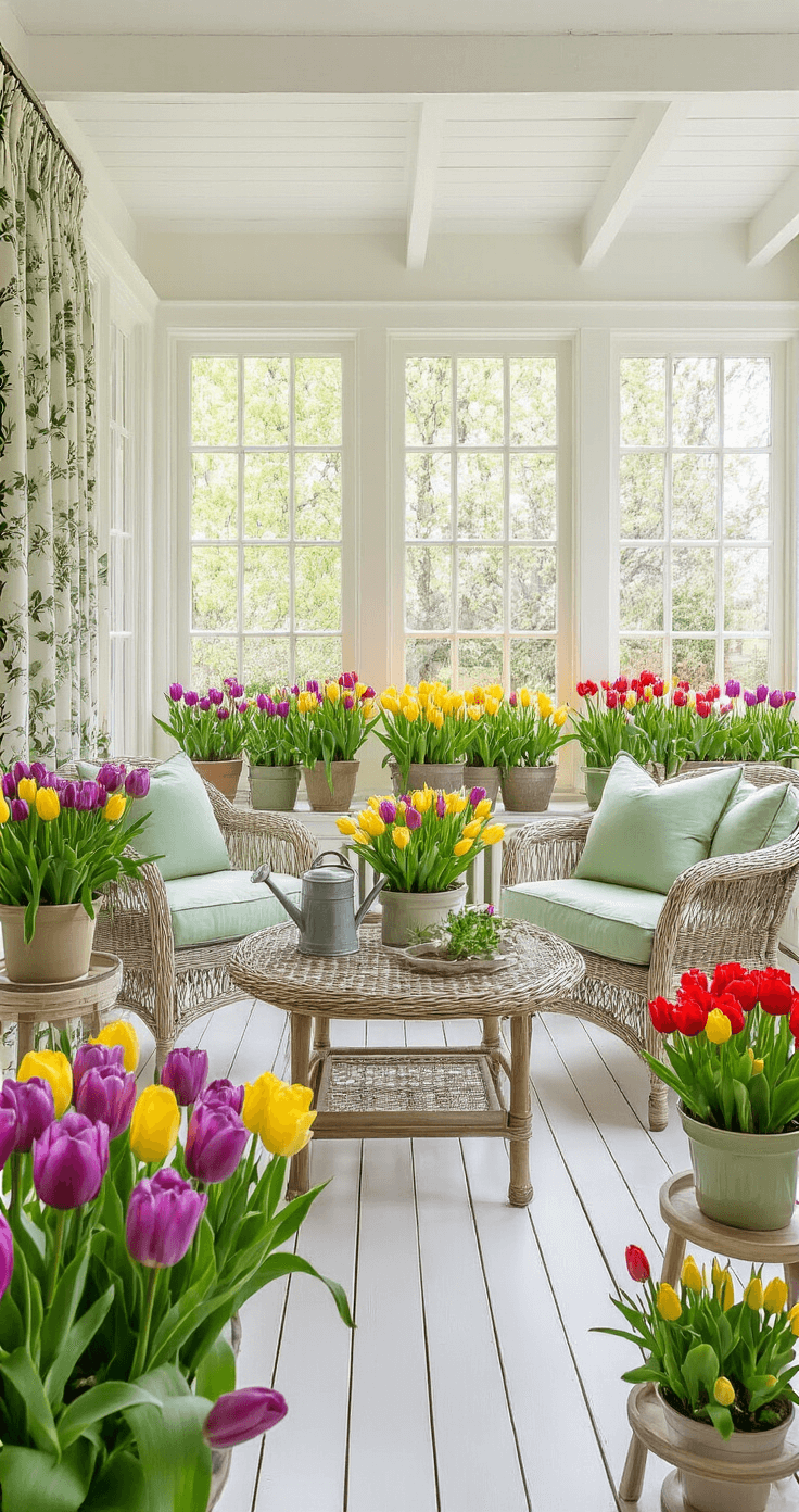 Bright sunroom filled with vibrant tulip displays, featuring floor-to-ceiling windows, a teak garden table with colorful ceramic planters, a wicker armchair with sage green cushions, and botanical print curtains, all under natural mid-morning light.