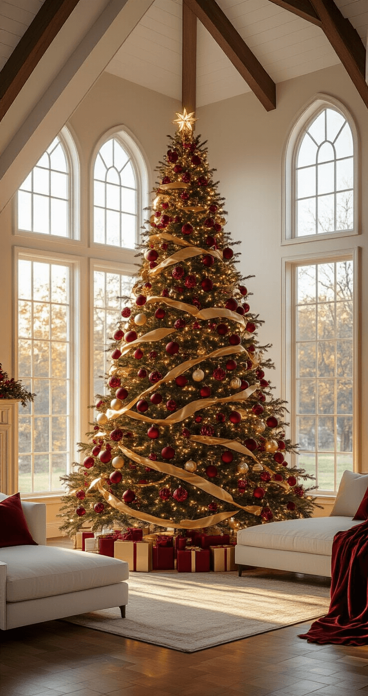 Why Red and Gold Christmas Trees Never Go Out of Style Photorealistic interior of an elegant living room with a red and gold Christmas tree in the corner, warm LED lights, deep burgundy ornaments, and gold baubles, complemented by cream sectional furniture and hardwood floors reflecting soft lighting.