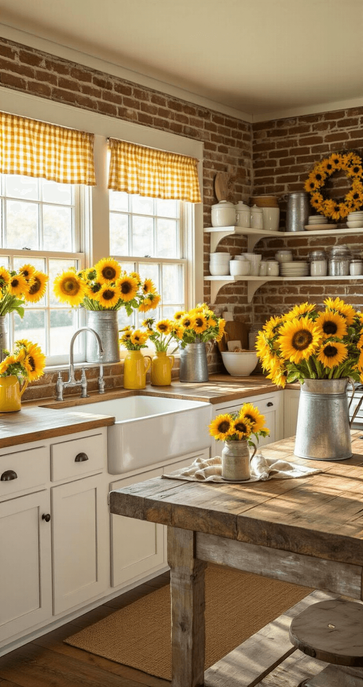 Rustic farmhouse kitchen adorned with cheerful sunflower arrangements, exposed brick wall, and warm golden light. Featuring a reclaimed wood island with galvanized metal buckets of sunflowers, white shiplap cabinets, butcher block countertops, and mason jar vases. Vintage yellow enamelware and burlap decor enhance the cozy, harvest atmosphere.