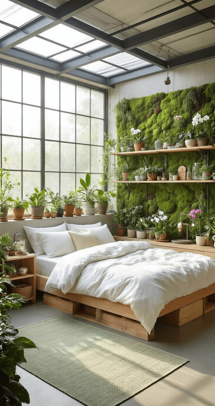 Modern botanical greenhouse-inspired bedroom featuring industrial windows, a natural oak platform bed with white linen bedding, surrounded by vibrant potted flowers and plant stands, concrete floors with a sage green rug, and a living moss wall accent, creating a serene atmosphere of scientific growth.