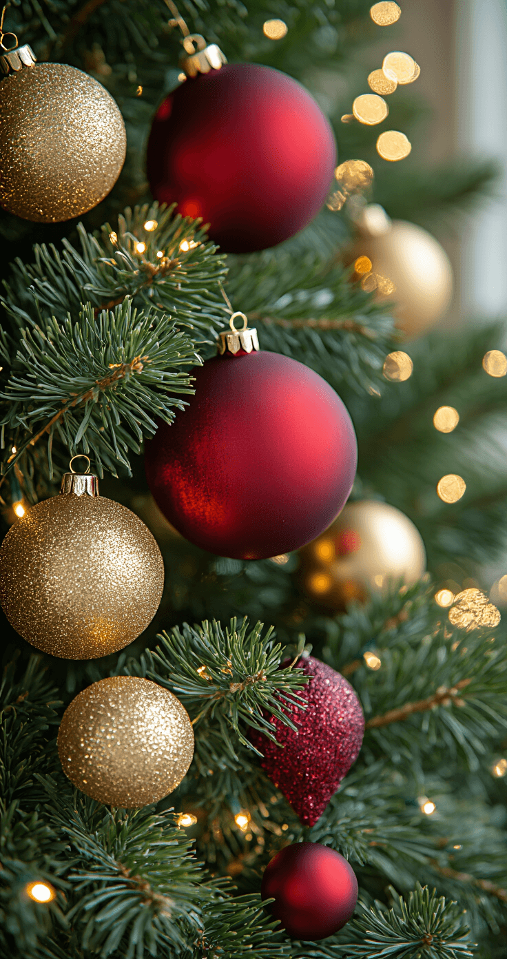Why Red and Gold Christmas Trees Never Go Out of Style Intimate close-up of red and gold Christmas ornaments arranged in dense evergreen branches, illuminated by warm white LED lights, showcasing various textures like velvet and glitter, with a blurred background and soft studio lighting.