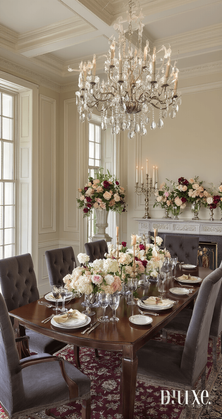 Elegant dining room with coffered ceiling, rich mahogany table for eight, and sophisticated mixed flower arrangements in cream, blush, and deep purple, illuminated by candlelight and a crystal chandelier.