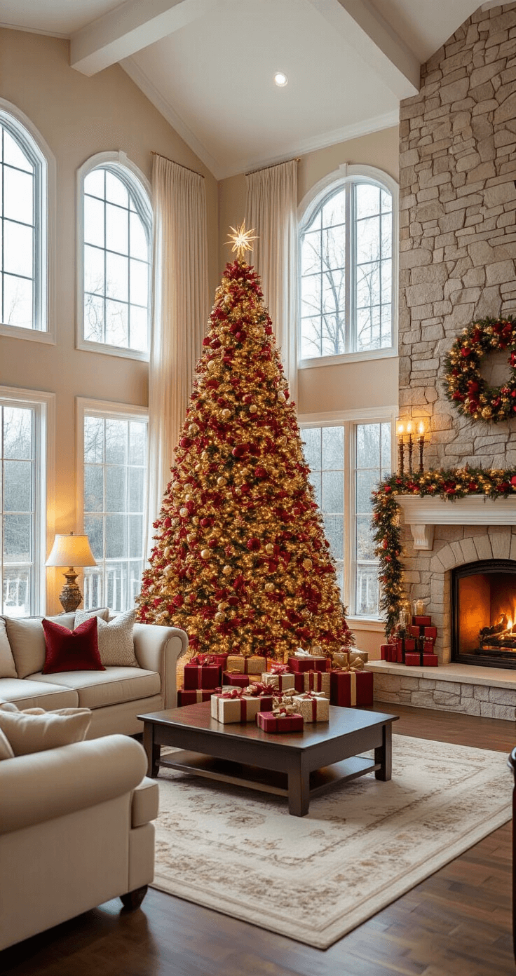 Why Red and Gold Christmas Trees Never Go Out of Style A spacious family room with a decorated 9-foot red and gold Christmas tree in the corner, surrounded by wrapped presents, a stone fireplace with garland, vaulted ceilings, and warm lighting, creating a cozy holiday atmosphere.
