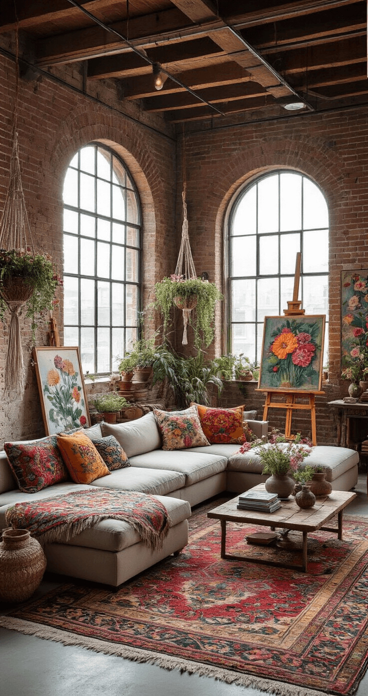 A bohemian-style loft living space featuring exposed brick walls and industrial ceilings, filled with afternoon light. It includes a low-profile sectional adorned with jewel-toned throws and floral-embroidered pillows, layered vintage Moroccan rugs on concrete floors, and macrame plant hangers with trailing flowers. An artist easel displays floral paintings, and a reclaimed wood coffee table holds books on flower symbolism. Dried flower arrangements in ceramic vases and cultural artifacts enhance the artistic atmosphere. The low-angle camera shot captures the room's height and creative sophistication.