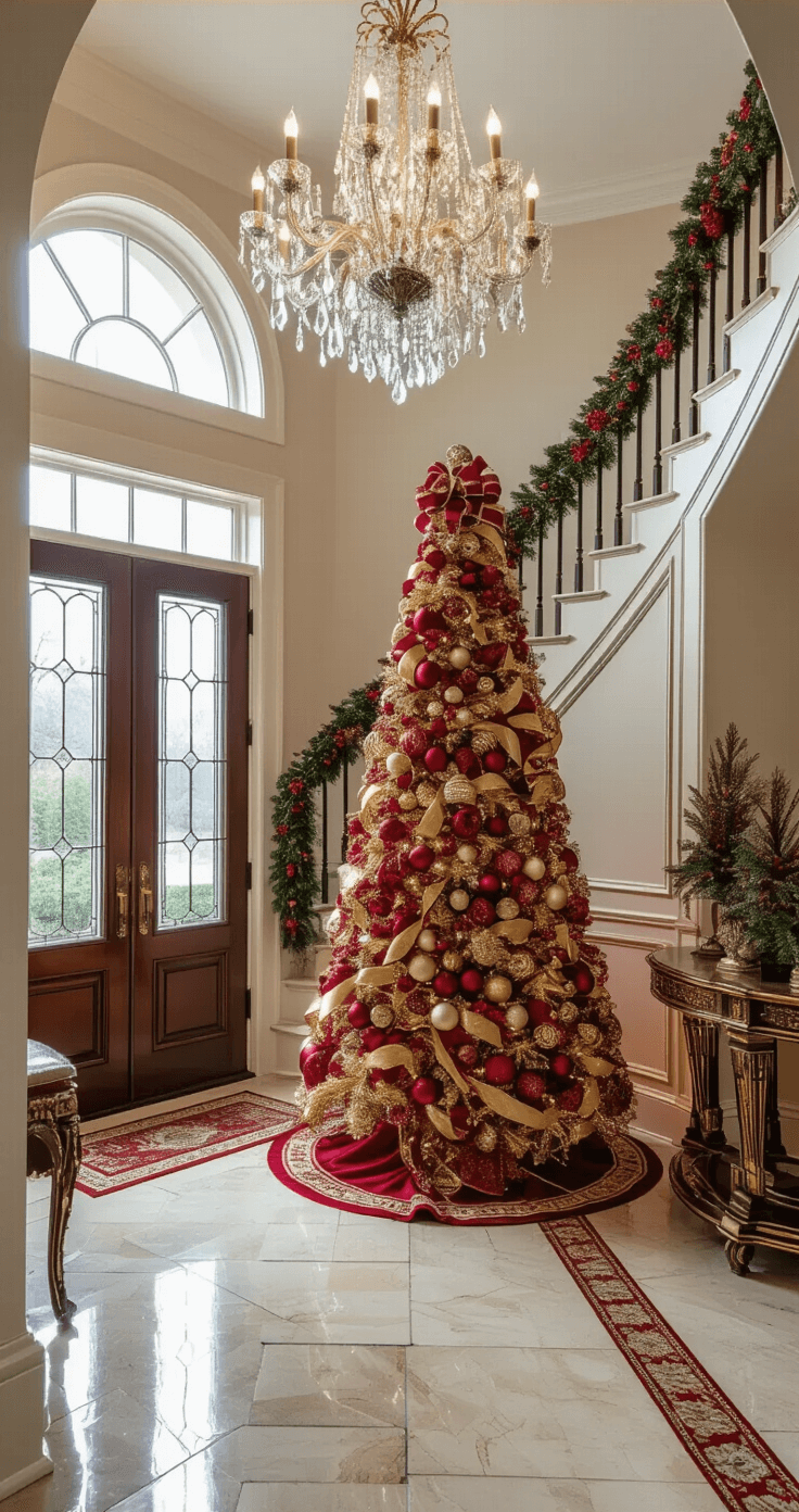 Why Red and Gold Christmas Trees Never Go Out of Style Elegant entryway featuring a 7-foot red and gold Christmas tree beside a curved staircase, with marble flooring, a crystal chandelier, and an antique console table, all adorned with luxurious holiday decor.
