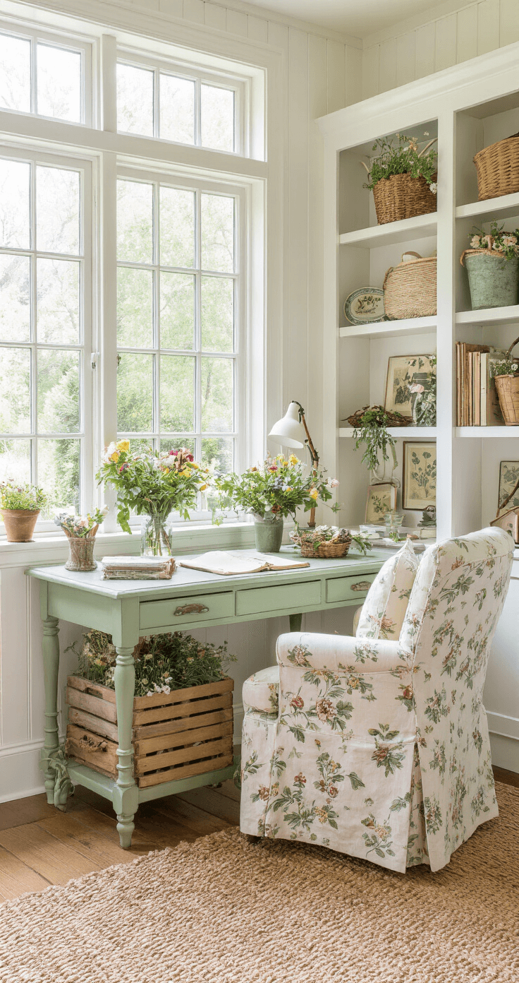 Cozy cottage-style home office with built-in white bookcases, antique sage green writing desk adorned with fresh flowers and garden journals, faded floral slipcovered armchair, and repurposed wooden crate planters, all illuminated by soft morning light.