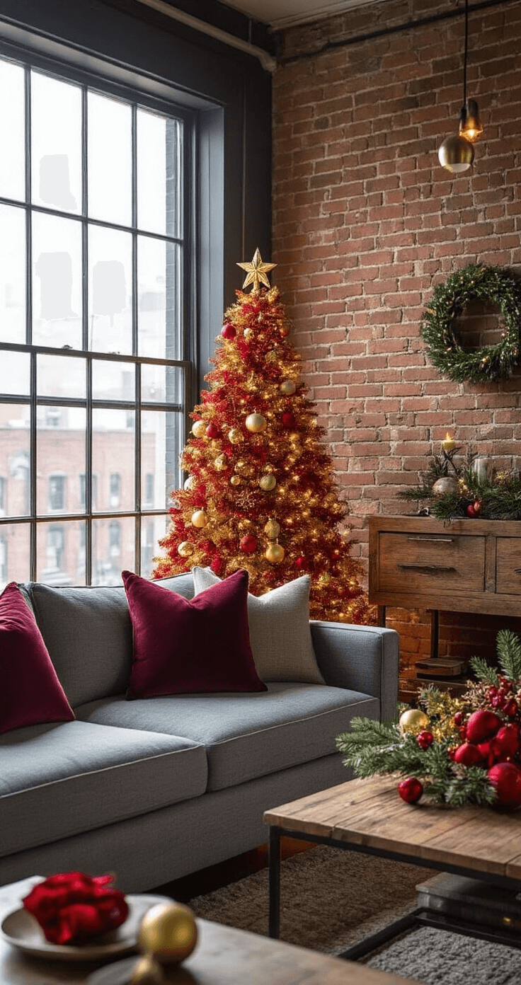 Why Red and Gold Christmas Trees Never Go Out of Style Cozy apartment living space with a 4-foot red and gold Christmas tree on a rustic wood console against an exposed brick wall, featuring mini LED lights and small-scale ornaments. A modern gray sofa with burgundy throw pillows complements the tree's colors. Afternoon sunlight filters through large windows, highlighting the sophisticated urban holiday decor in a compact 12x10 foot room.