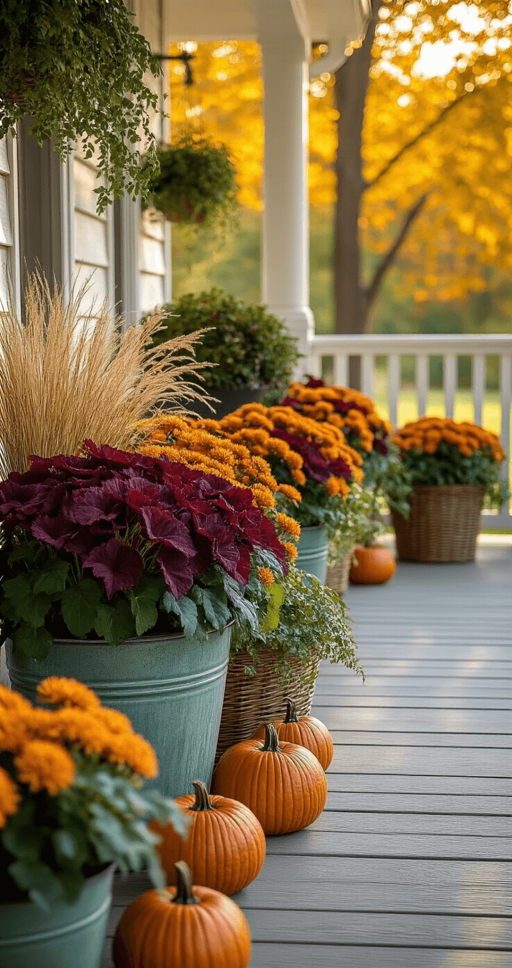 Fall Container Plants: A Stunning Seasonal Styling Guide A cozy front porch adorned with fall decor, featuring vintage zinc planters overflowing with burgundy ornamental cabbage and amber chrysanthemums, surrounded by decorative mini pumpkins in burnt orange and sage green, all bathed in warm golden hour sunlight.