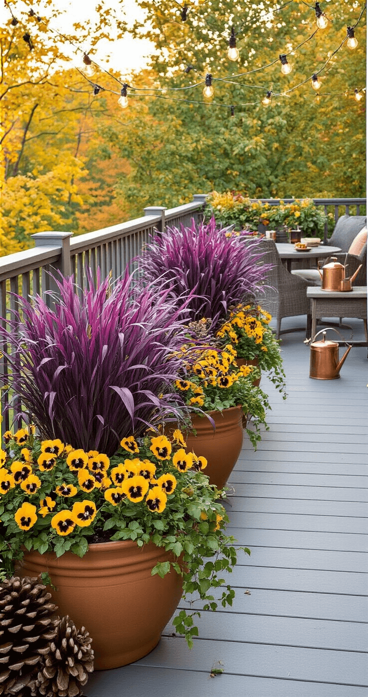Fall Container Plants: A Stunning Seasonal Styling Guide An intimate balcony garden scene in soft morning light featuring large terracotta planters with purple fountain grass, golden pansies, and trailing creeping jenny, set on slate gray composite decking. Weathered teak furniture and string lights enhance the warm ambiance, while scattered pinecones and a copper watering can add authentic touches. The camera angle captures the layering of plants with a color palette of deep plums, burnished golds, and forest greens.