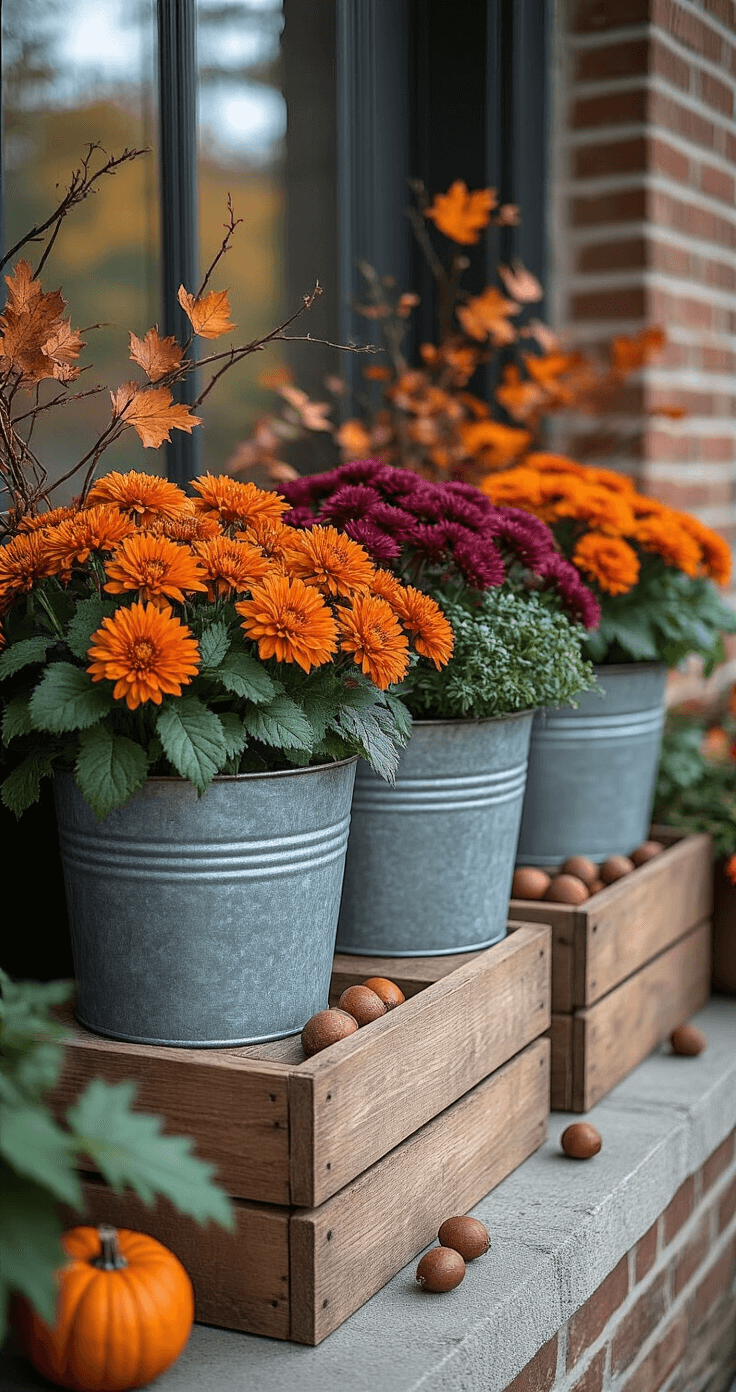 Fall Container Plants: A Stunning Seasonal Styling Guide A beautifully styled autumn entryway vignette featuring thrifted galvanized buckets and vintage wooden crates as planters, filled with orange and burgundy ornamental cabbage and bronze asters, accented with foraged branches and colorful leaves, set against a brick wall. Rich colors and soft lighting create a cozy atmosphere, with burlap ribbon and scattered acorns enhancing the rustic charm.