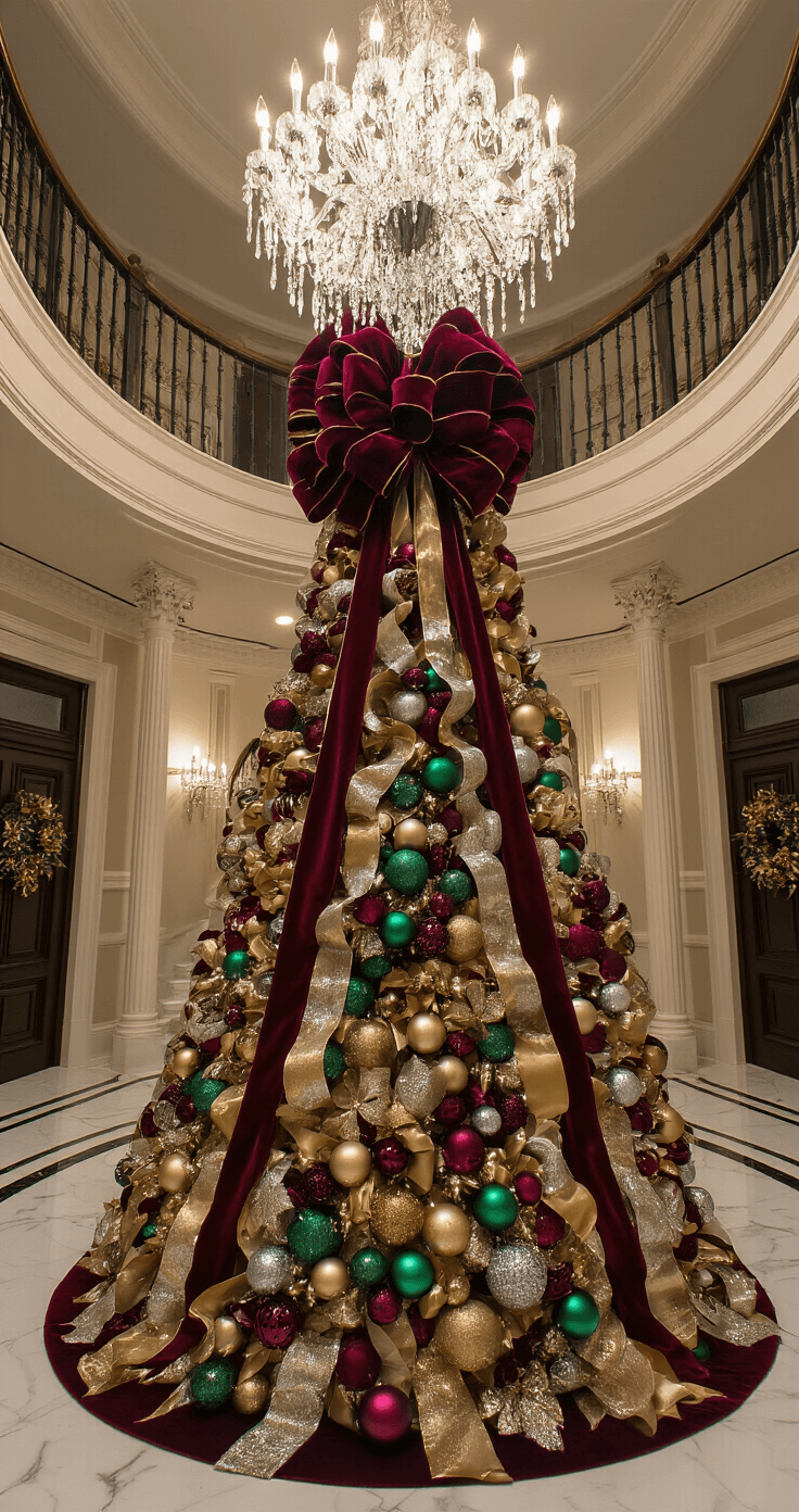 2025 Christmas Tree Aesthetic: Your Guide to This Year's Most Stunning Holiday Looks A grand foyer decorated for Christmas features a 12-foot tree topped with a large burgundy velvet bow, adorned with cascading ribbons in gold, silver, and bronze, surrounded by dramatic shadows cast by a crystal chandelier. The scene includes rich jewel tones and ornate details, with white marble floors and a curved staircase in the background.