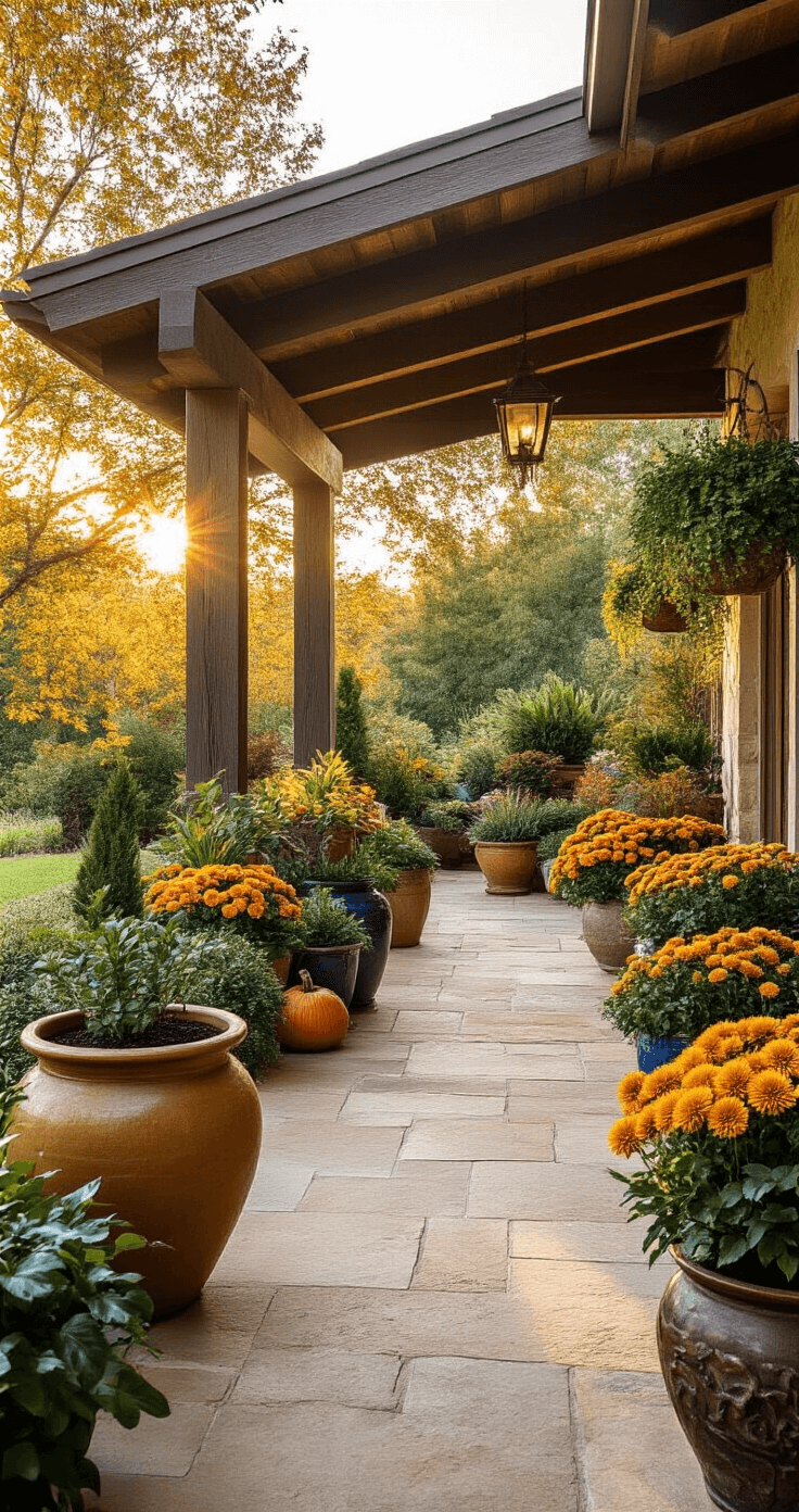 Fall Container Plants: A Stunning Seasonal Styling Guide A spacious covered patio during golden hour, featuring a mix of high-end and budget container gardening with varied planters on stone tile flooring, exposed beams, and seasonal accents like gourds and vintage tools, creating a warm, inviting atmosphere.
