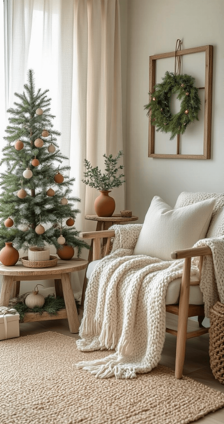 2025 Christmas Tree Aesthetic: Your Guide to This Year's Most Stunning Holiday Looks A tranquil corner of a bedroom featuring a nature-inspired Christmas setup, with a rustic wooden Christmas tree adorned with moss-toned ornaments and terracotta ceramics. Soft morning light filters through sheer linen curtains, illuminating a reclaimed wood side table with handcrafted decorations and an eucalyptus garland. A textured cream wool throw drapes over a rustic wooden chair, set on a jute area rug, all bathed in a warm, organic color palette of sage green, terracotta, and creamy whites, creating a serene winter forest atmosphere.