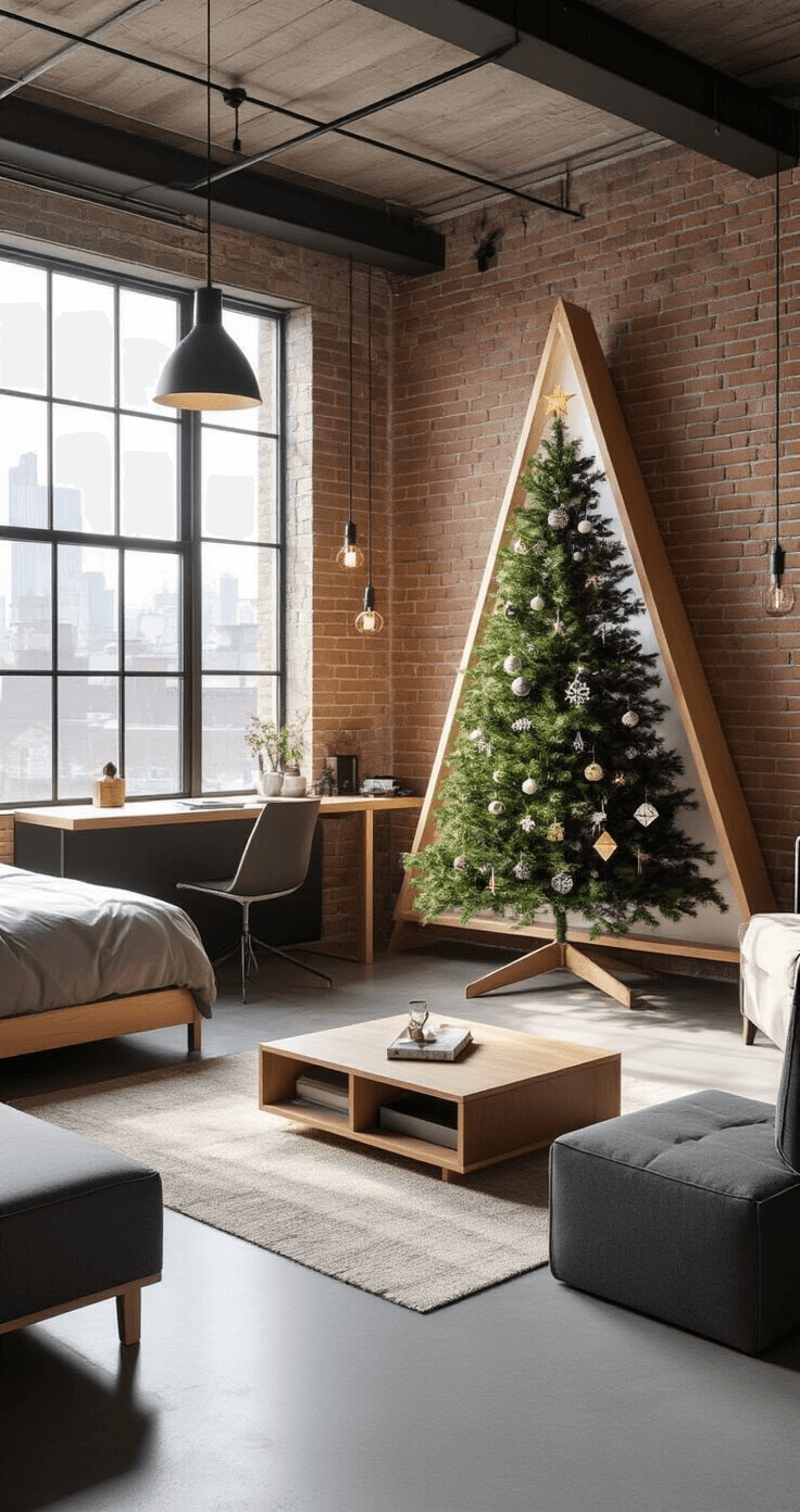 2025 Christmas Tree Aesthetic: Your Guide to This Year's Most Stunning Holiday Looks Modern studio apartment interior featuring a sleek wooden Christmas tree frame against an exposed brick wall, decorated with minimalist ornaments. Bright light from large industrial windows illuminates space-saving furniture, including a storage ottoman, wall-mounted desk, and a murphy bed. The polished concrete floors and contemporary color scheme enhance the urban loft aesthetic.