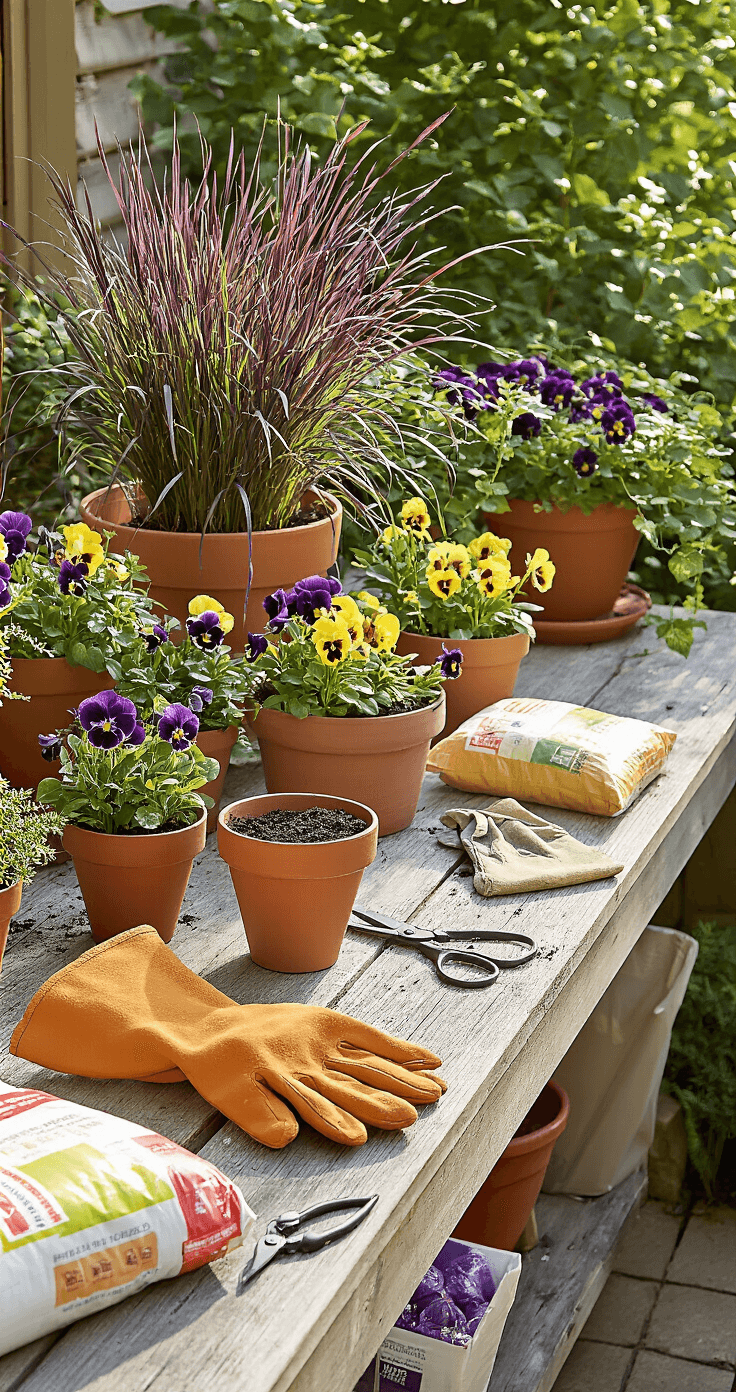 Fall Container Plants: A Stunning Seasonal Styling Guide A bright morning scene of a side yard garden workspace featuring a potting bench made of weathered wood, surrounded by terracotta pots at different planting stages, bags of potting soil, and pruning shears. Purple fountain grass, golden pansies, and trailing ivy are ready for arrangement, complemented by gardening gloves and small hand tools. The camera captures the organized setup, showcasing a blend of earth tones with accents of purple and gold, conveying an active gardening moment.