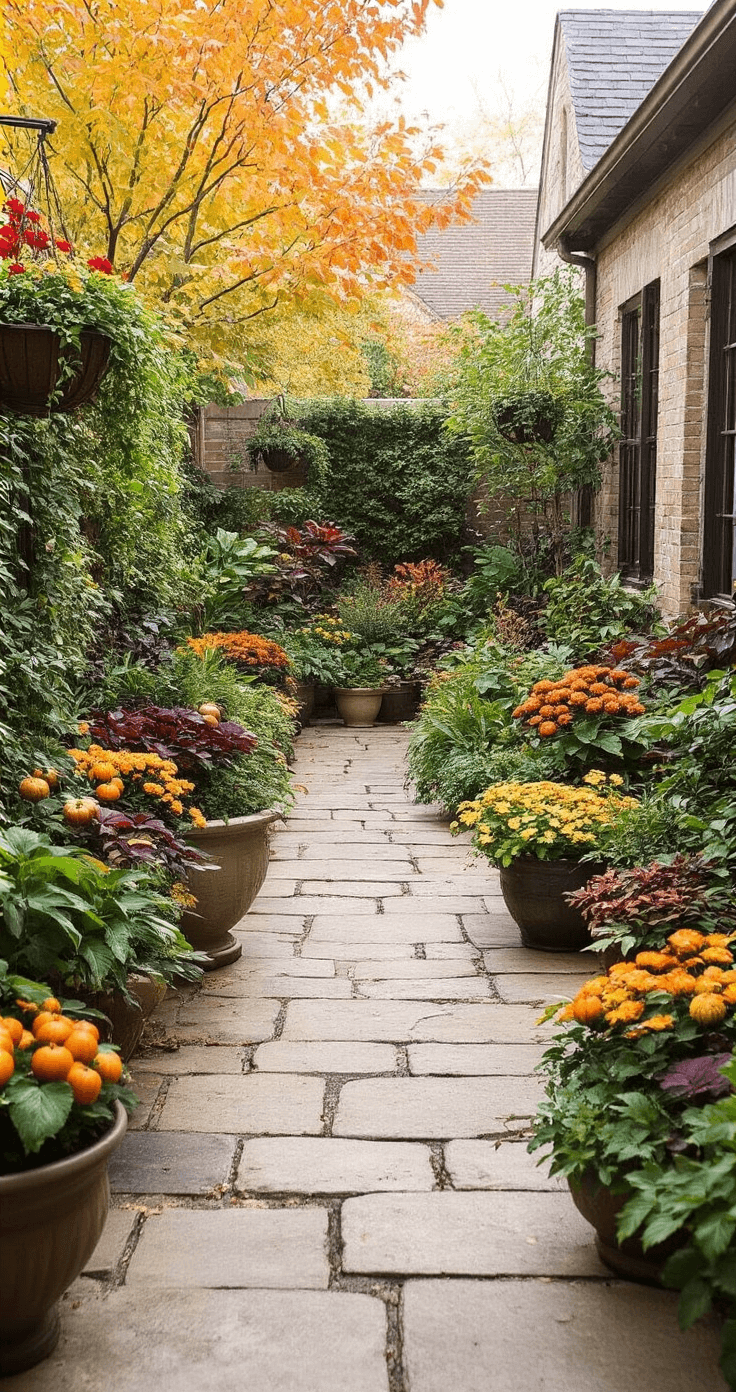 Fall Container Plants: A Stunning Seasonal Styling Guide A medium-wide shot of a charming courtyard garden features various fall container arrangements, showcasing both successful and problematic examples. Stone pavers form a neutral backdrop for planters with well-draining containers alongside those with drainage issues. The scene highlights a contrast of compatible and incompatible plant pairings, with an inviting atmosphere in fall colors of burgundy, gold, and orange, emphasizing learning opportunities in container gardening.