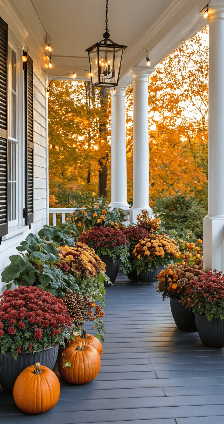 Fall Container Plants: A Stunning Seasonal Styling Guide A picturesque autumn porch at sunset, featuring a symmetrical arrangement of large planters with ornamental cabbage, bronze chrysanthemums, and cascading ivy, surrounded by pumpkins, pinecones, and berry branches, illuminated by warm string lights.