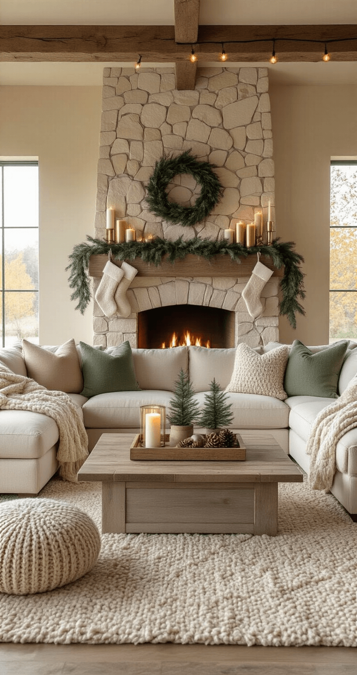 Photorealistic interior of a spacious living room at golden hour, featuring a large stone fireplace with a styled mantel, a plush sectional sofa draped with knit throws, and layered warm lighting, creating an inviting atmosphere.