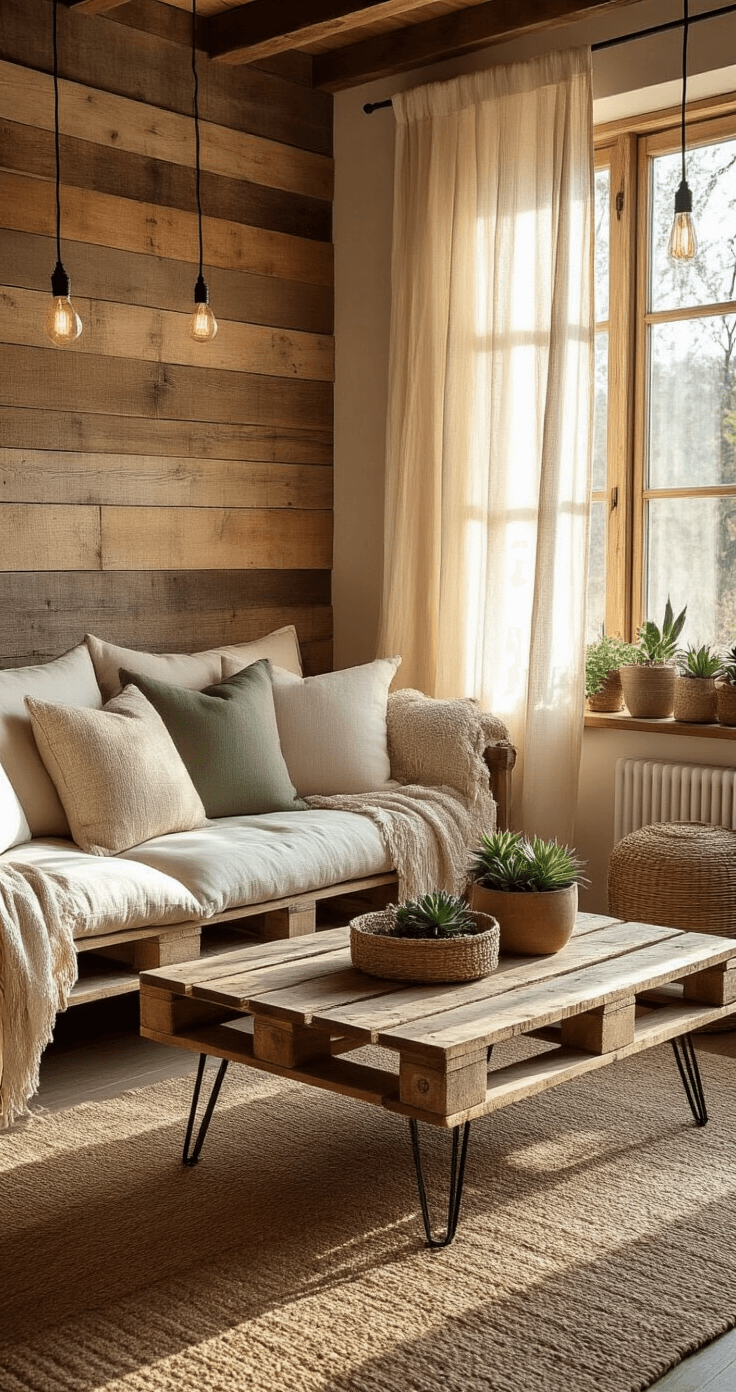 Budget-Friendly DIY Garden Fence Ideas: Protect Your Garden Without Breaking the Bank Cozy rustic living room with a reclaimed wood pallet accent wall, warm sunlight through sheer curtains, weathered wooden furniture, and earthy tones, featuring a pallet coffee table, cream cushions, jute pillows, and potted succulents in woven baskets, enhanced by Edison bulb string lights.