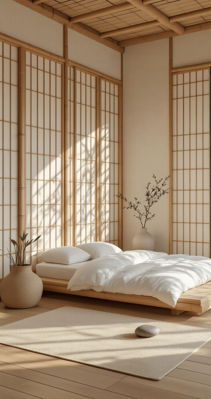Budget-Friendly DIY Garden Fence Ideas: Protect Your Garden Without Breaking the Bank Serene zen-inspired bedroom with bamboo roll screens, intimate sleeping nooks, low platform bed with white organic cotton bedding, natural fiber rugs, minimalist decor, and soft morning light casting geometric shadows on hardwood floors.