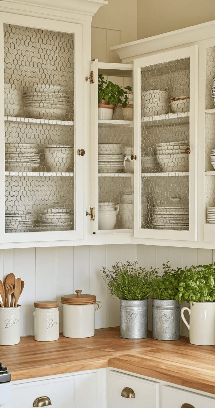 Budget-Friendly DIY Garden Fence Ideas: Protect Your Garden Without Breaking the Bank A cozy cottage-style kitchen featuring chicken wire cabinet inserts filled with organized dishware, illuminated by golden afternoon light; white shiplap walls and butcher block countertops complement vintage mason jars and sage green accents, with fresh herbs in galvanized containers on open shelving.