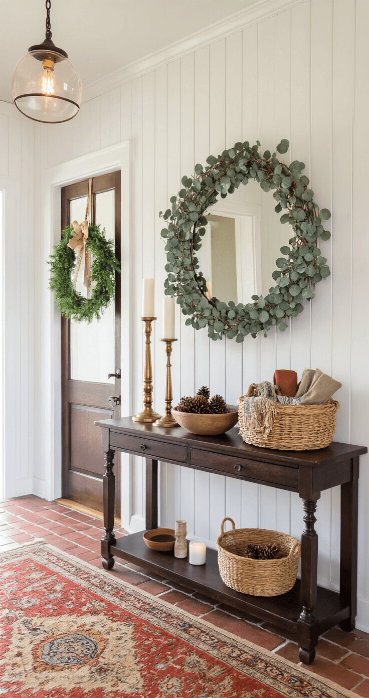 Welcoming entryway foyer with a dark wood console table styled with a brass candlestick, woven basket with mittens, and ceramic bowl of pinecones and dried oranges, against shiplap wainscoting and a large circular mirror. A natural eucalyptus wreath decorates the front door. Aged brick flooring with a vintage Persian runner, pendant light with Edison bulb, and small candles on the console.