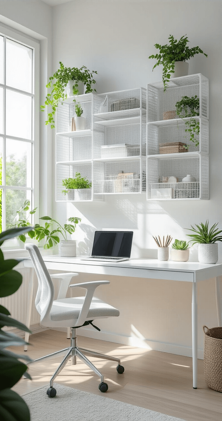 Budget-Friendly DIY Garden Fence Ideas: Protect Your Garden Without Breaking the Bank Modern minimalist home office with wall-mounted plastic mesh organizers, bright morning light, a white desk, ergonomic chair, decorative plants, and geometric patterns creating a stylish workspace.