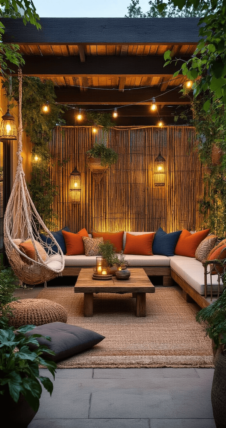 Budget-Friendly DIY Garden Fence Ideas: Protect Your Garden Without Breaking the Bank A bohemian outdoor living room on a covered patio with mixed fencing materials, warm evening light, low seating with jewel-toned cushions, macrame hanging chairs, a reclaimed wood coffee table, layers of textiles, climbing plants, and ambient string lights and lanterns, all captured from a comfortable sitting height.