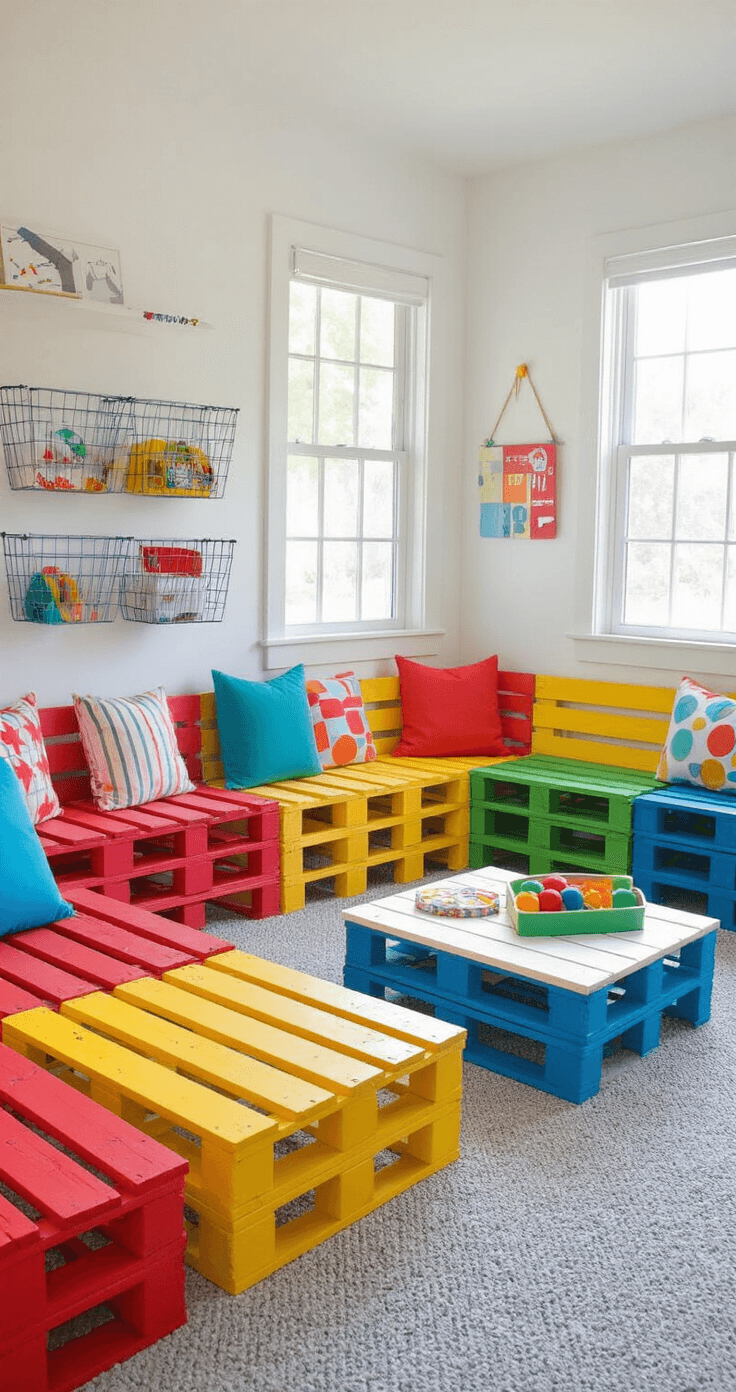 Budget-Friendly DIY Garden Fence Ideas: Protect Your Garden Without Breaking the Bank A vibrant children's playroom designed with repurposed materials, featuring colorful painted pallet furniture, wire organizers, and bright primary colors. The space includes kid-sized rainbow seating around a low table, wire baskets for toys, and washable storage cubes, all illuminated by natural light.
