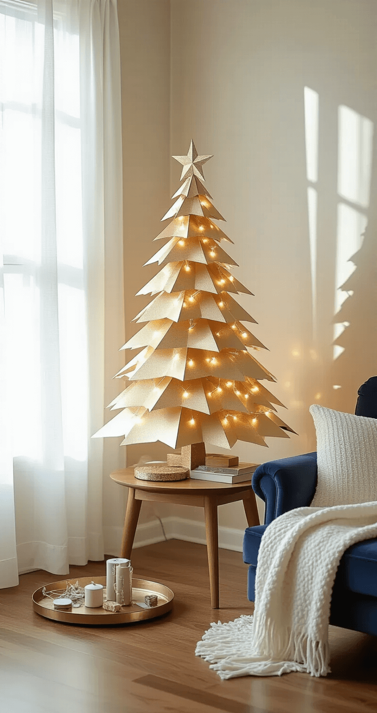 Cozy studio apartment corner with a DIY paper Christmas tree centerpiece on a wooden side table, soft morning light casting shadows on cream walls, a plush ivory throw on a navy velvet armchair, scattered craft supplies, and warm hardwood floors, all highlighted with twinkling fairy lights on the tree.